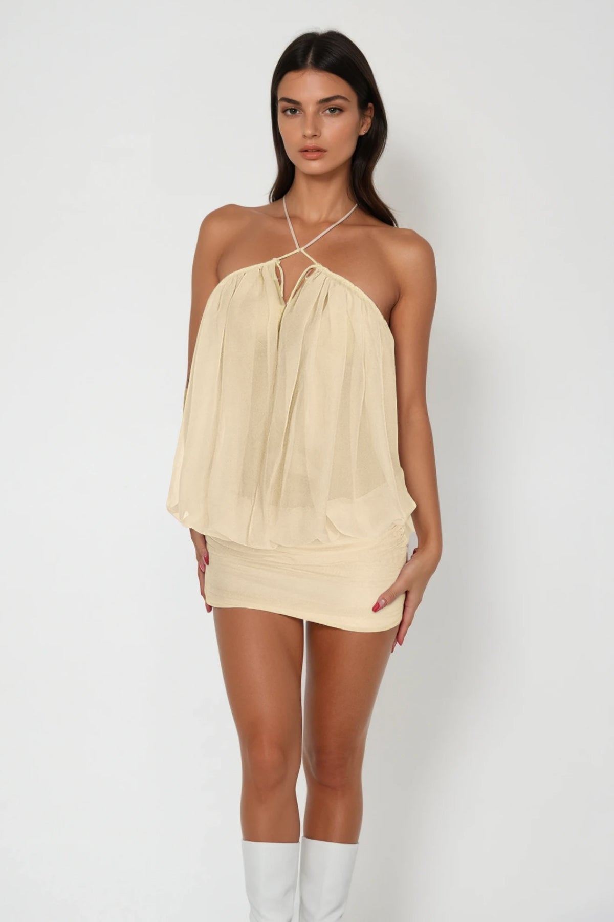 Carola Mesh Ruch Plunge Mini Dress In Apricot