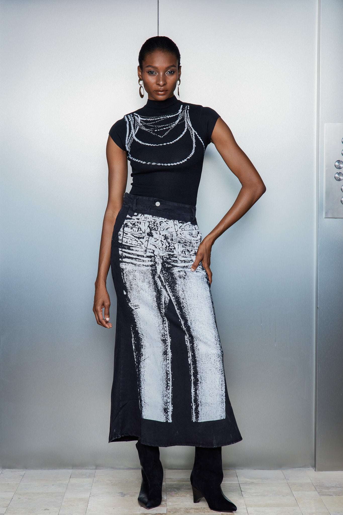 Cassiopea Illusion Print Denim Maxi Skirt