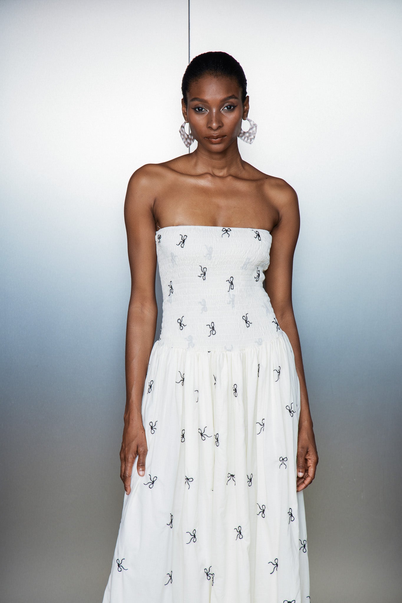 Caterina Strapless Bow Ruffle Maxi Dress