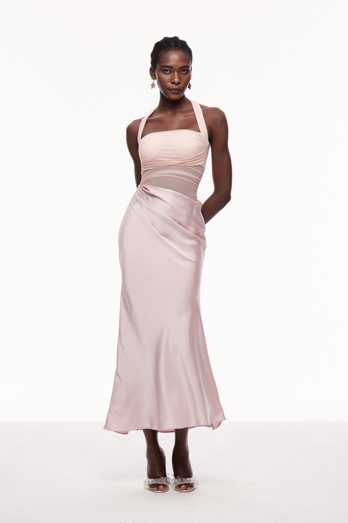 Catharina Halter Neck Ruch Satin Maxi Dress