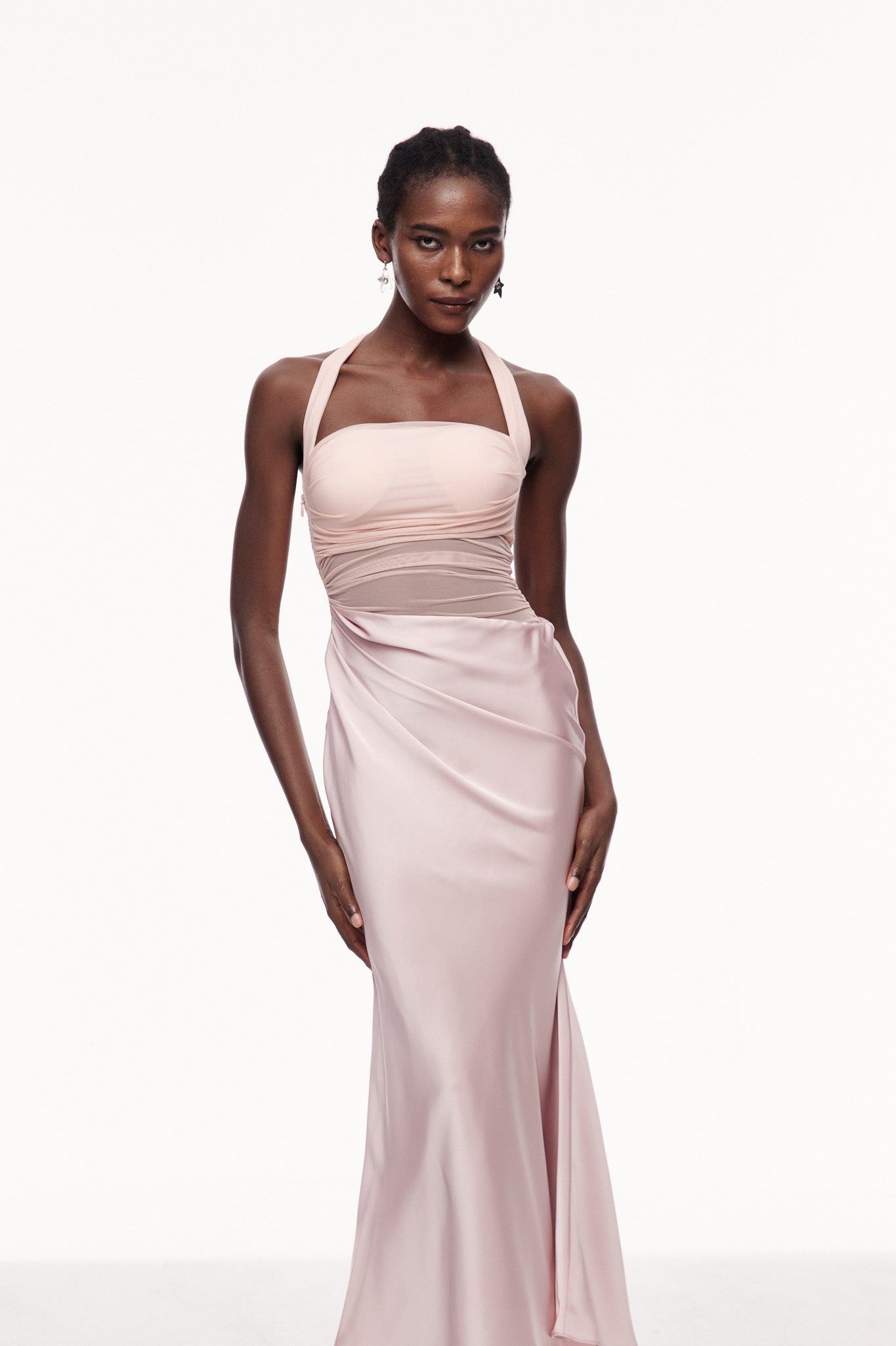 Catharina Halter Neck Ruch Satin Maxi Dress