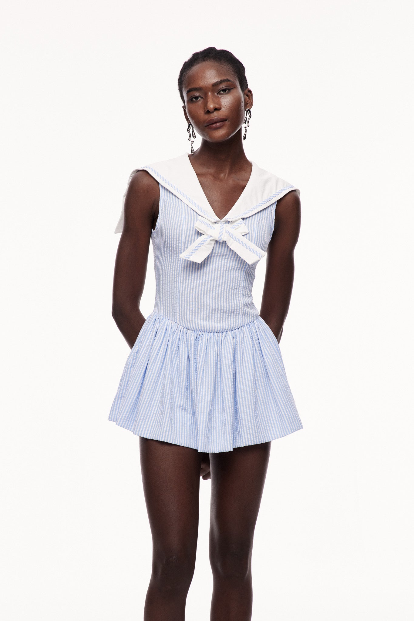 Cenhelm Stripe Bow Puffy Mini Dress