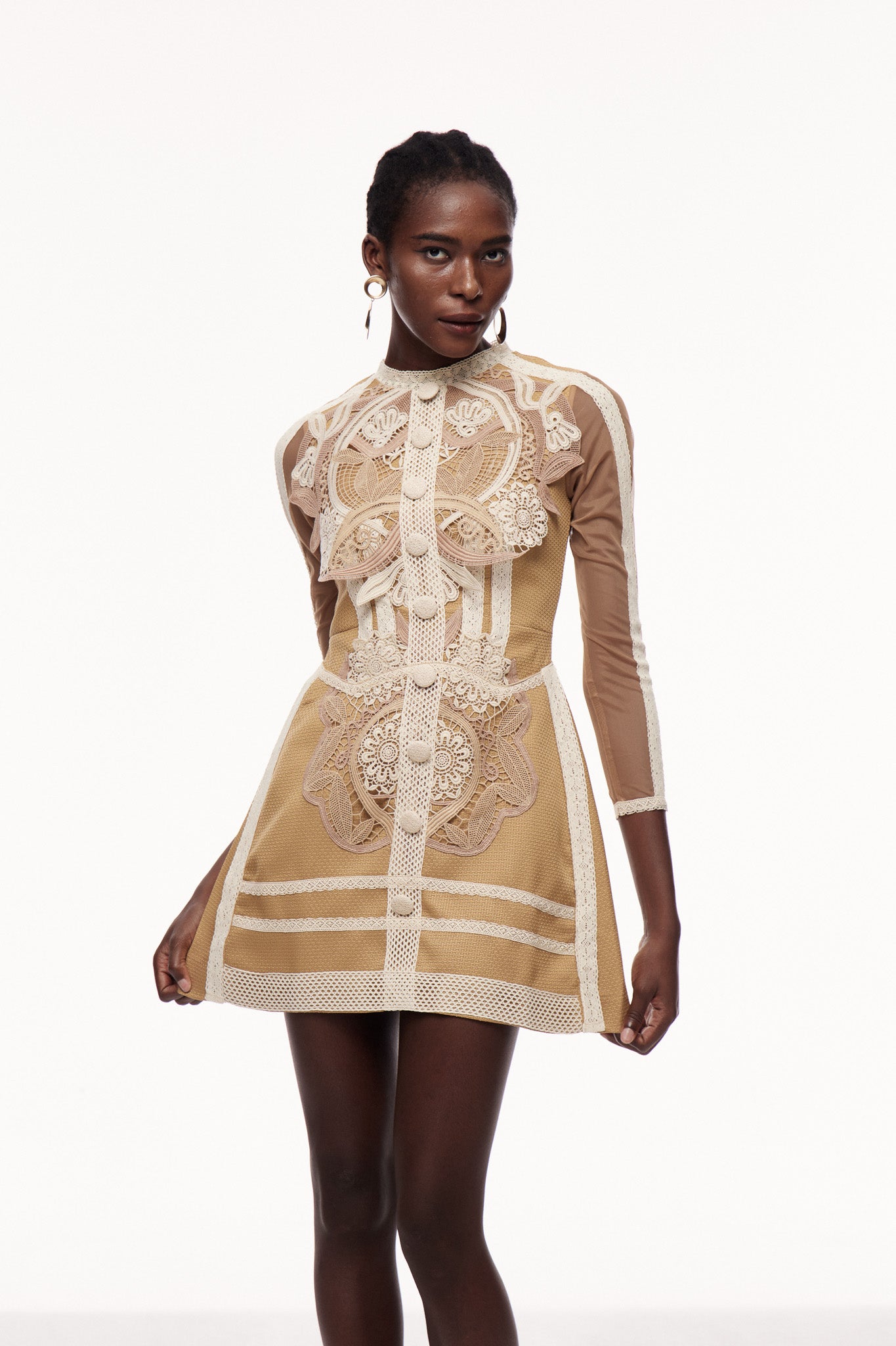 Cenk Lace Embroidered Long Sleeve Mini Dress