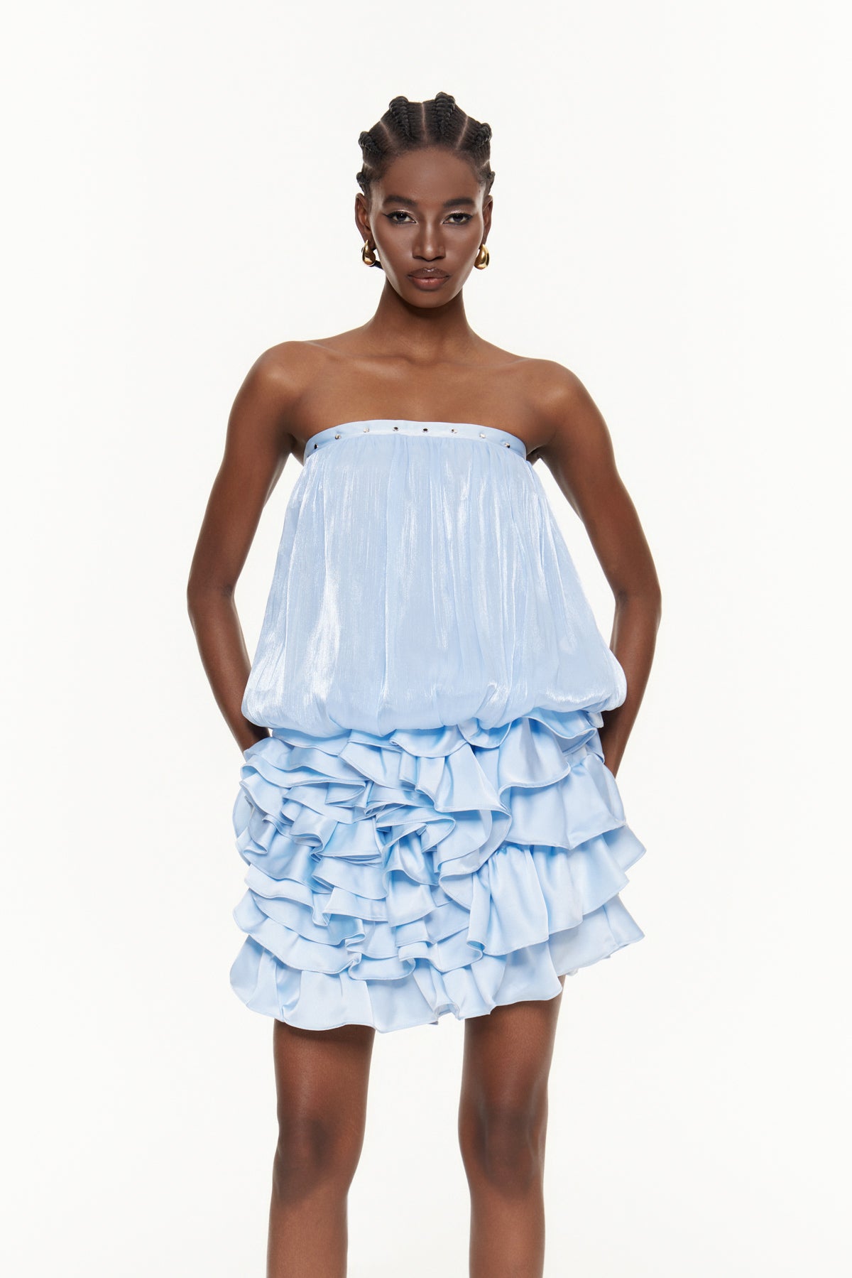 Cerridwyn Strapless Ruffle Mini Dress In Blue