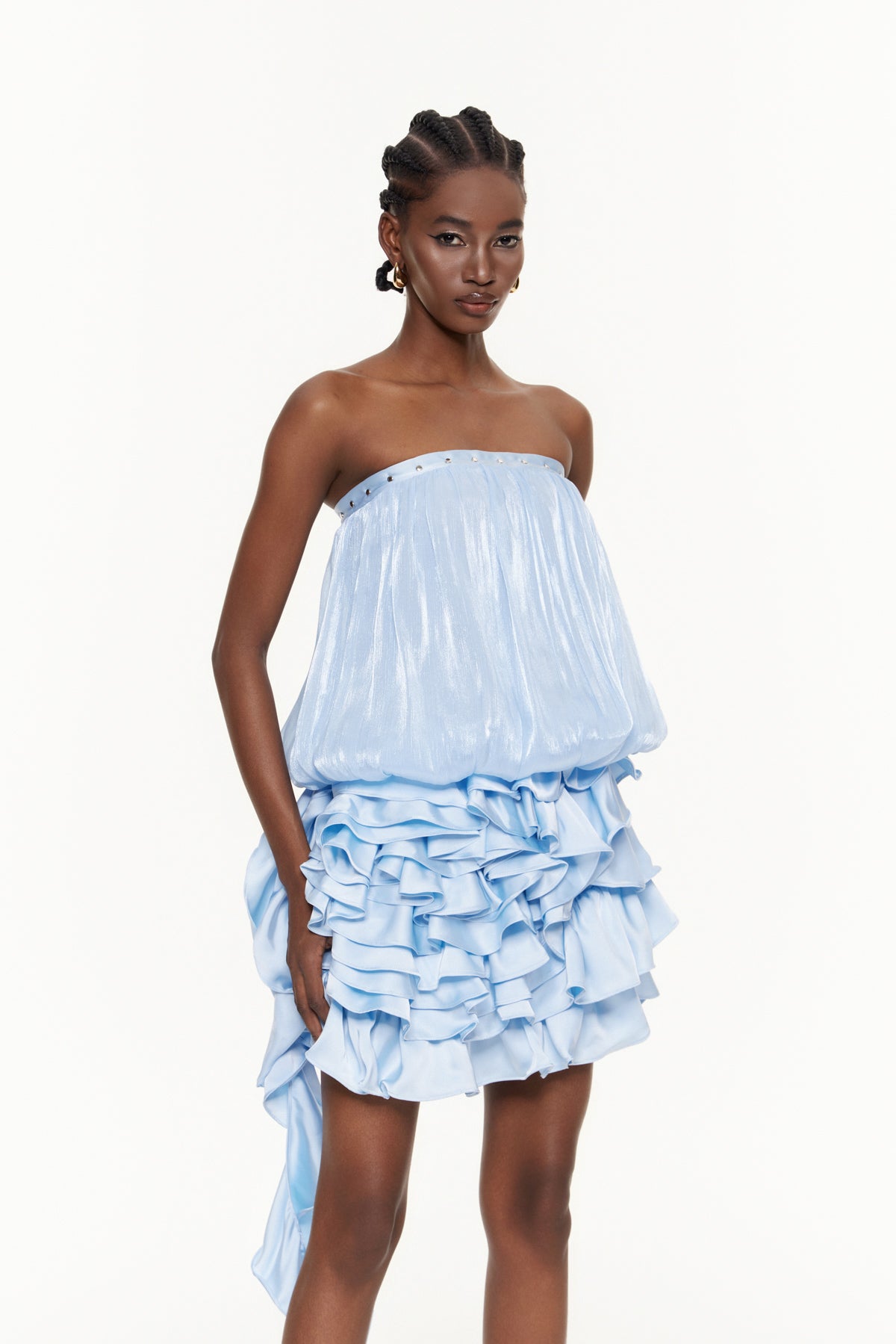 Cerridwyn Strapless Ruffle Mini Dress In Blue