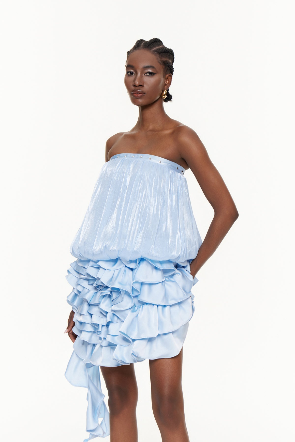 Cerridwyn Strapless Ruffle Mini Dress In Blue