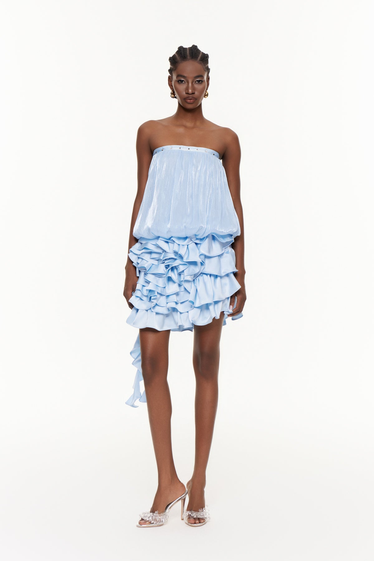 Cerridwyn Strapless Ruffle Mini Dress In Blue