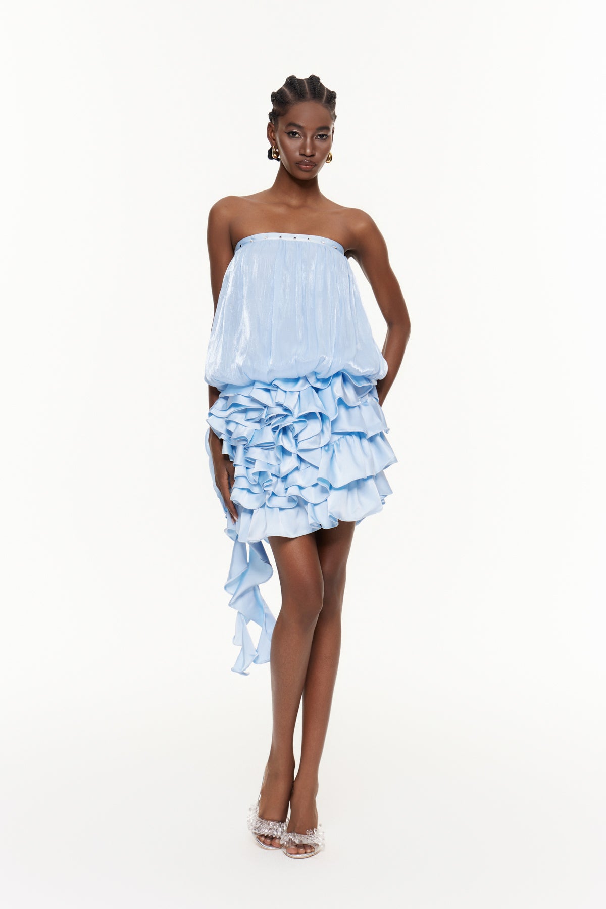 Cerridwyn Strapless Ruffle Mini Dress In Blue