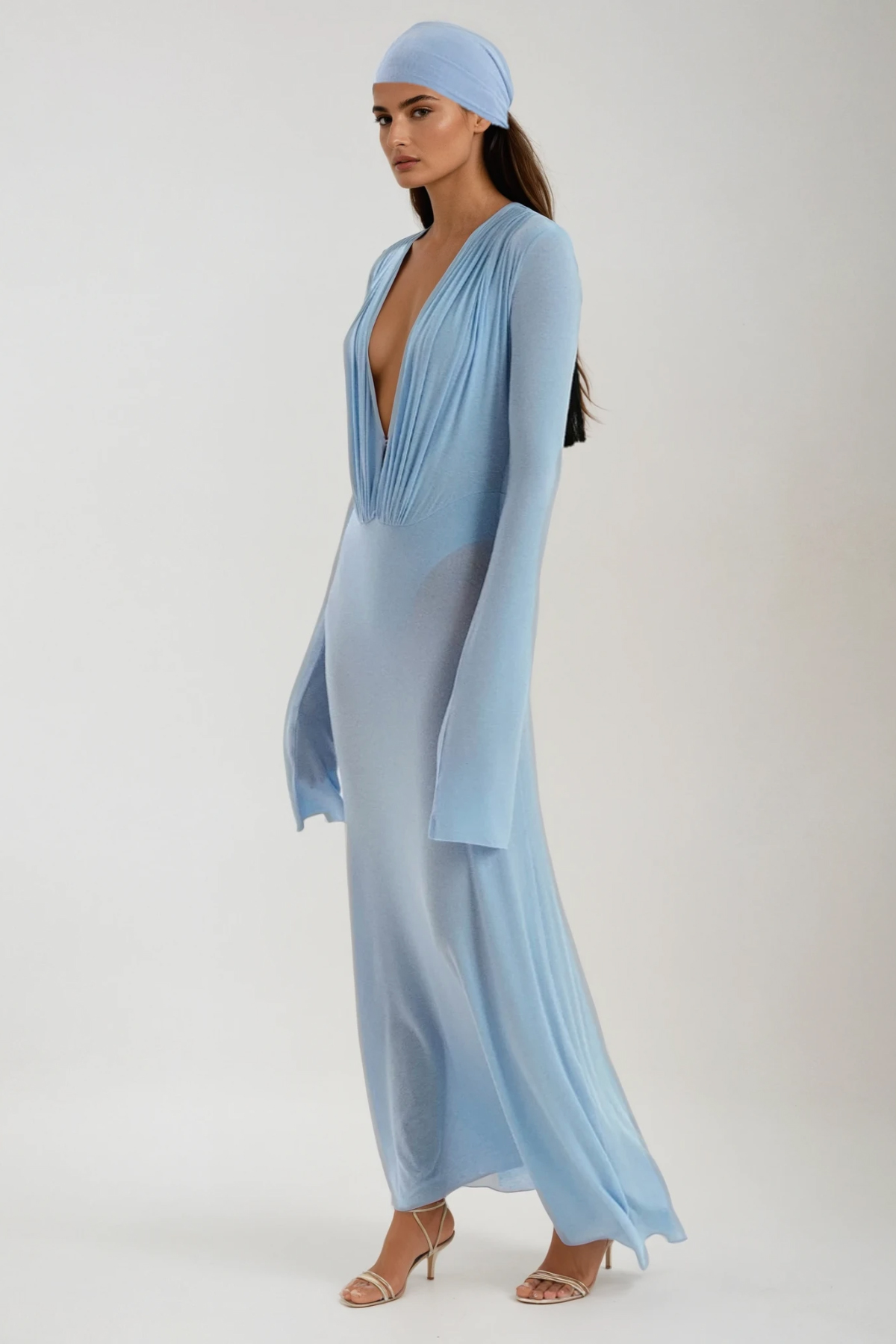 Cerys Plunge Ruch Maxi Dress In Blue