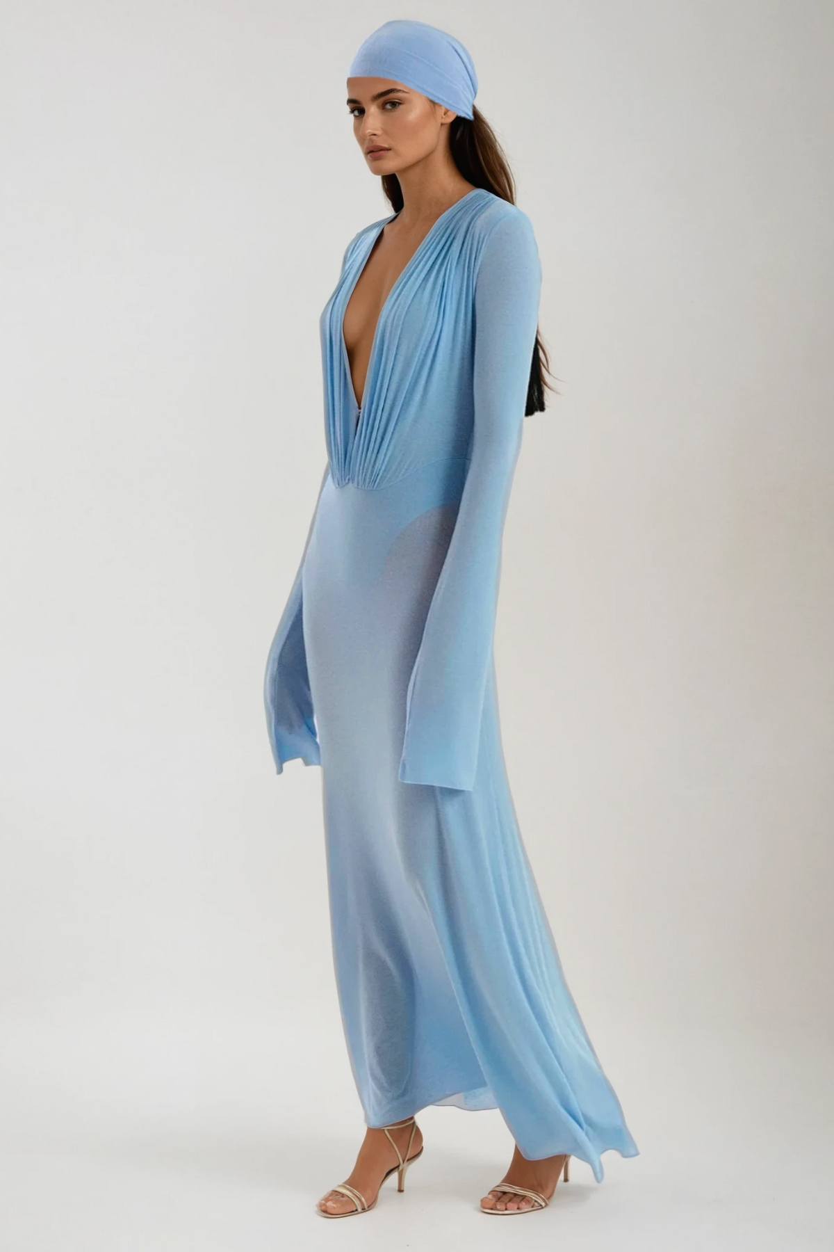 Cerys Plunge Ruch Maxi Dress In Blue