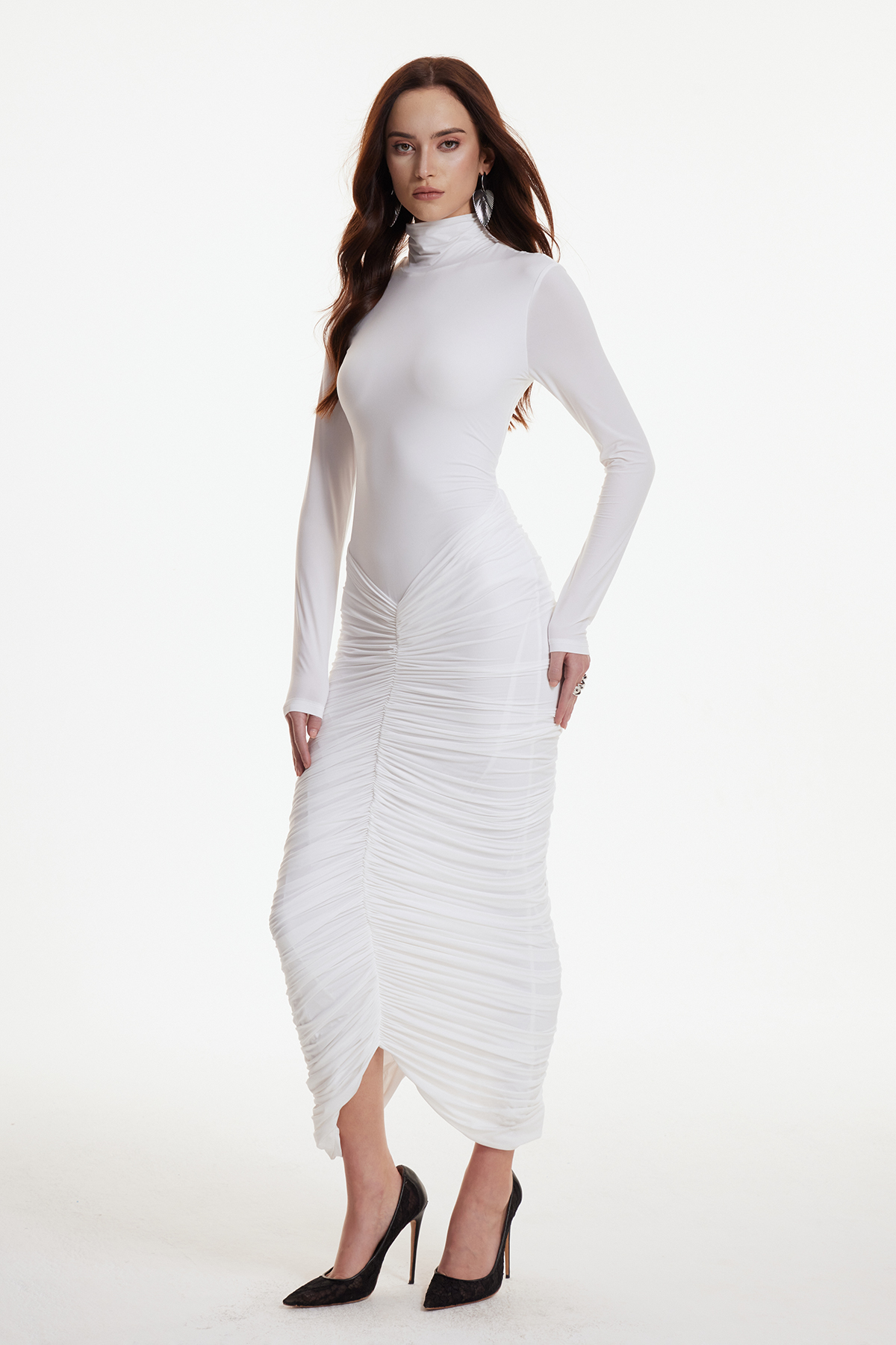 Cesarina High Neck Ruch Midi Dress