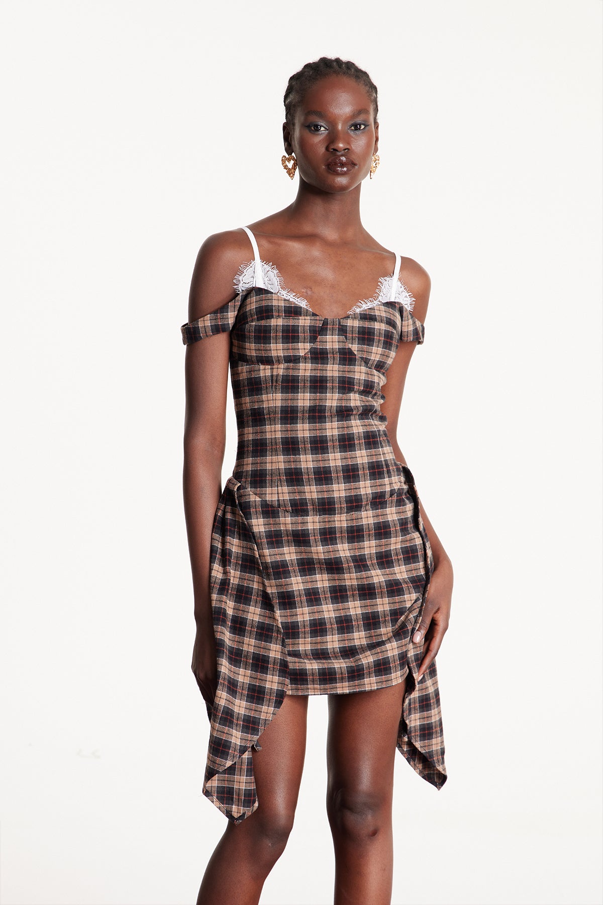 Ceyhun Grid Fringe Spaghetti Mini Dress In Brown