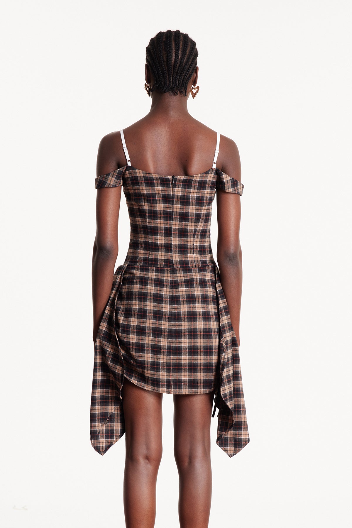 Ceyhun Grid Fringe Spaghetti Mini Dress In Brown