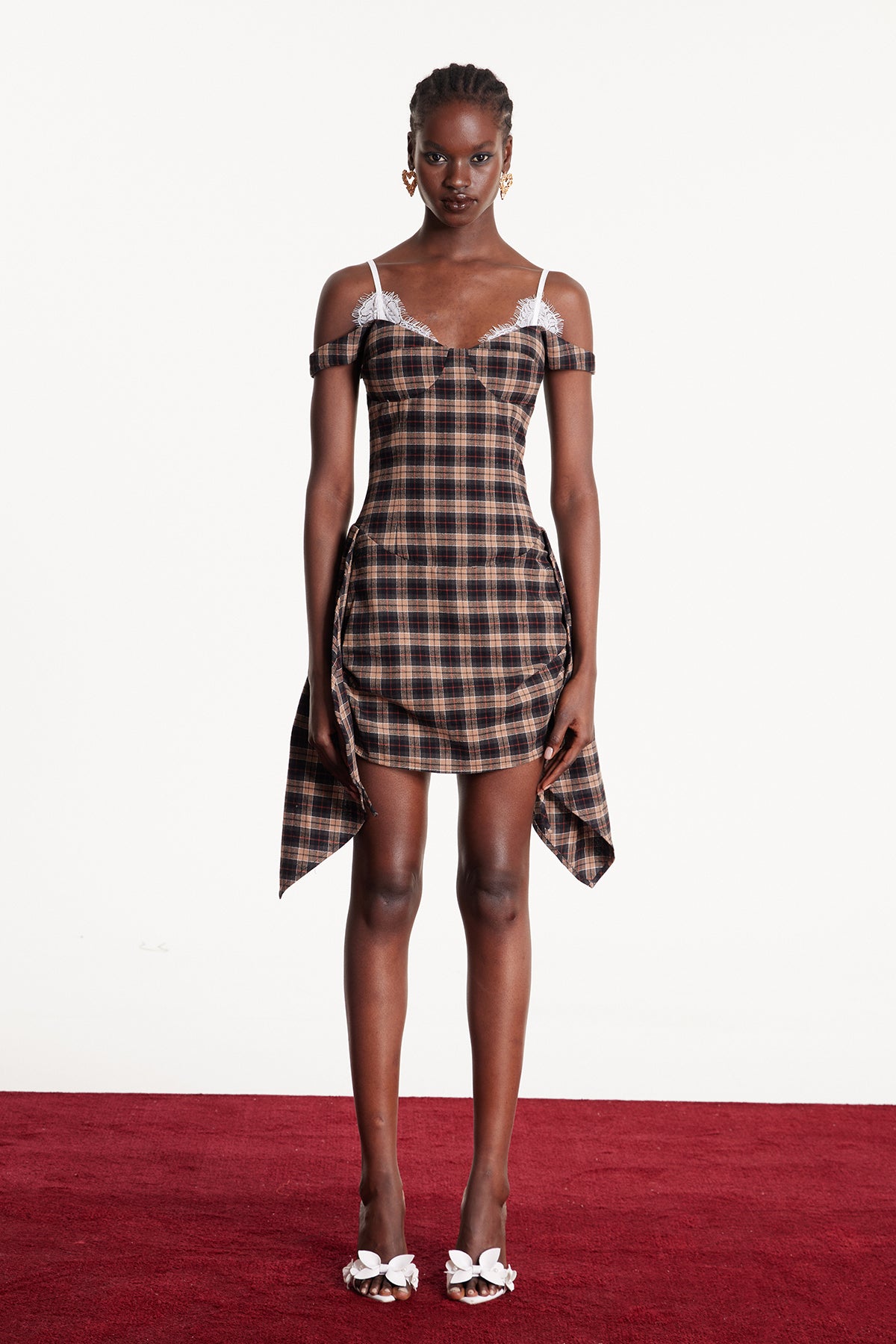 Ceyhun Grid Fringe Spaghetti Mini Dress In Brown