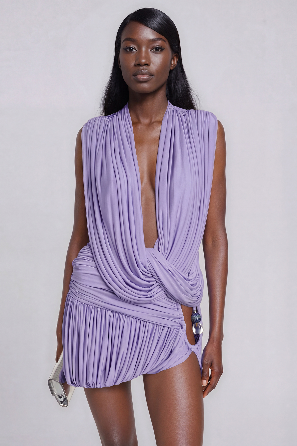 Ceylin Draped Back Plunge Skirt Set In Purple
