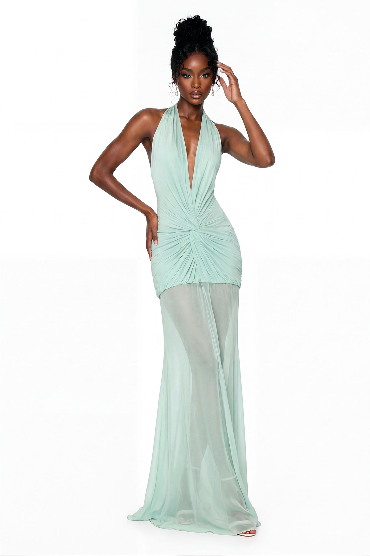 Ceylin Plunge Ruch Mesh Maxi Dress