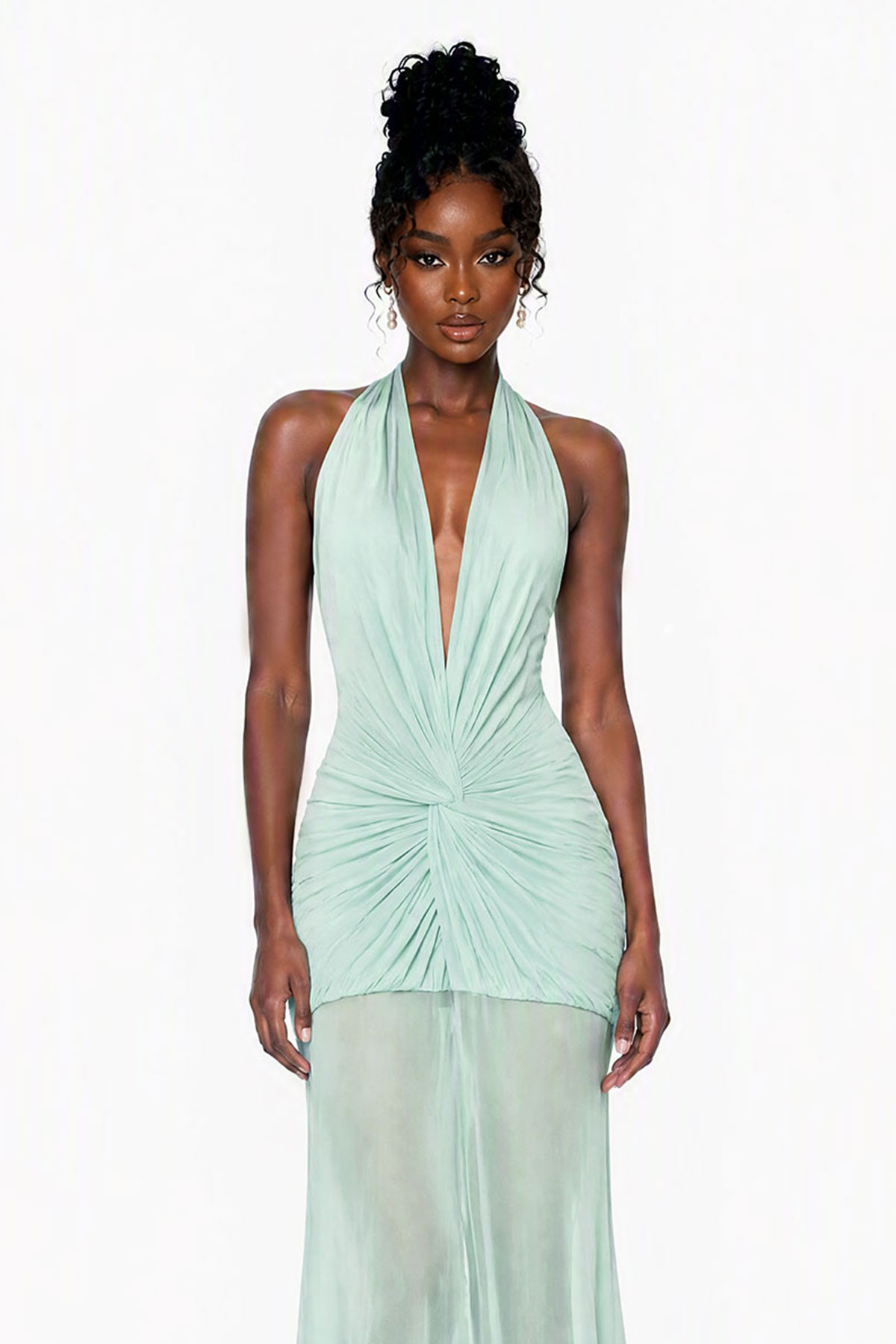 Ceylin Plunge Ruch Mesh Maxi Dress