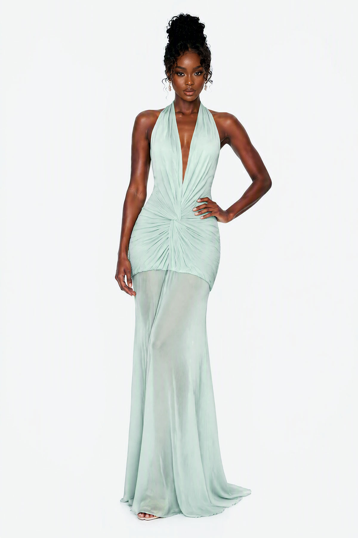 Ceylin Plunge Ruch Mesh Maxi Dress