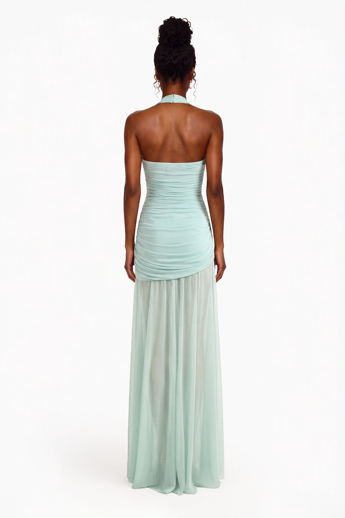 Ceylin Plunge Ruch Mesh Maxi Dress