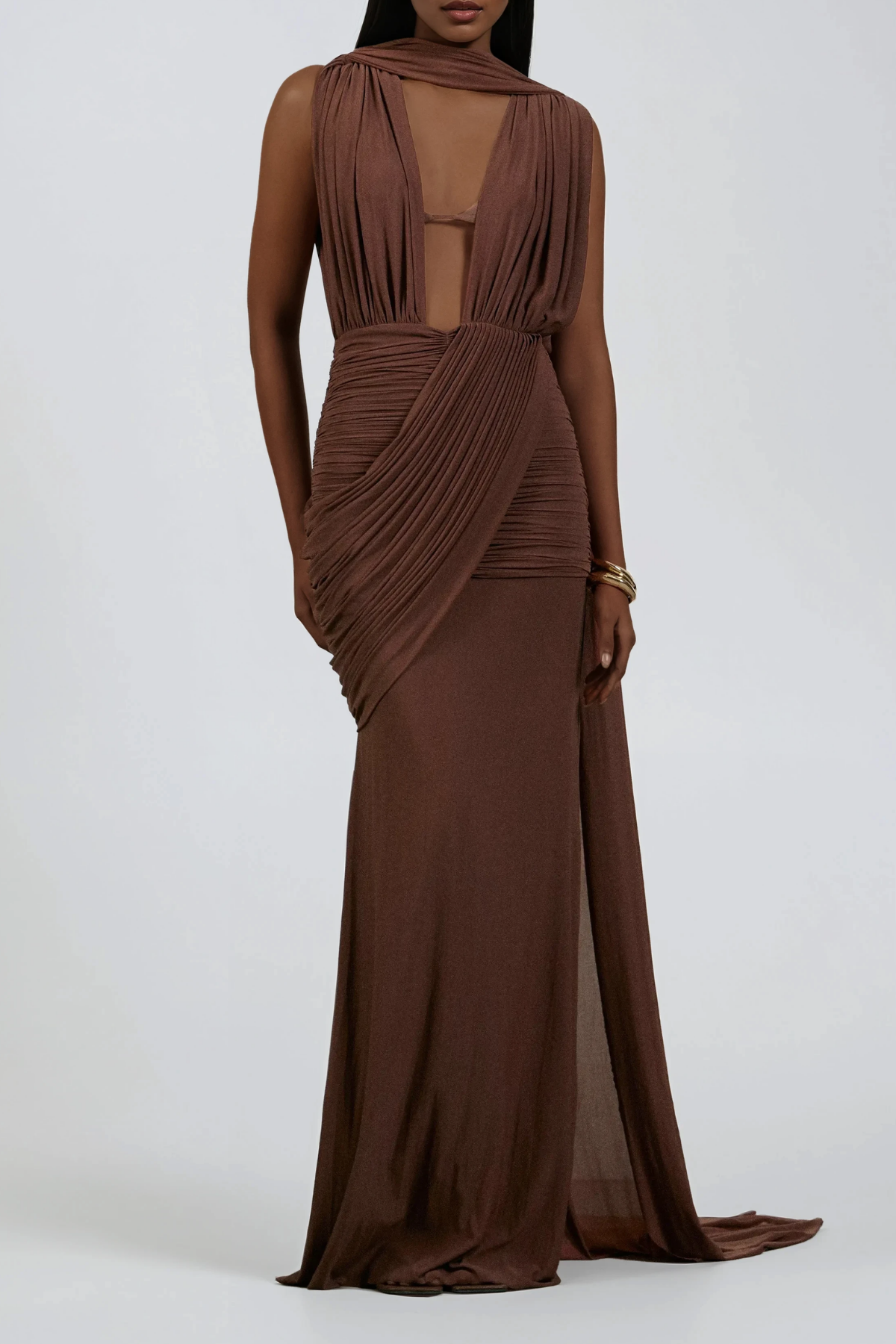 Ceylin Plunge Ruch Scarf Maxi Dress