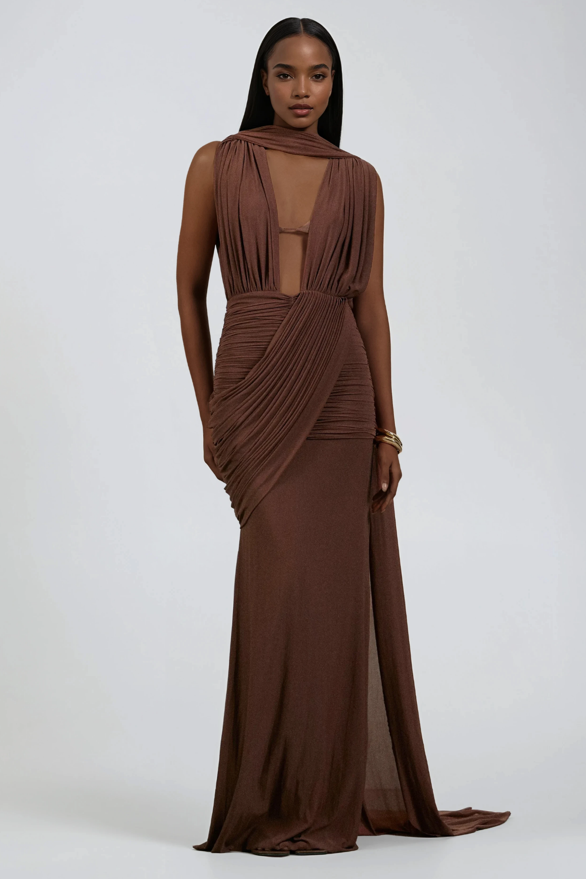 Ceylin Plunge Ruch Scarf Maxi Dress