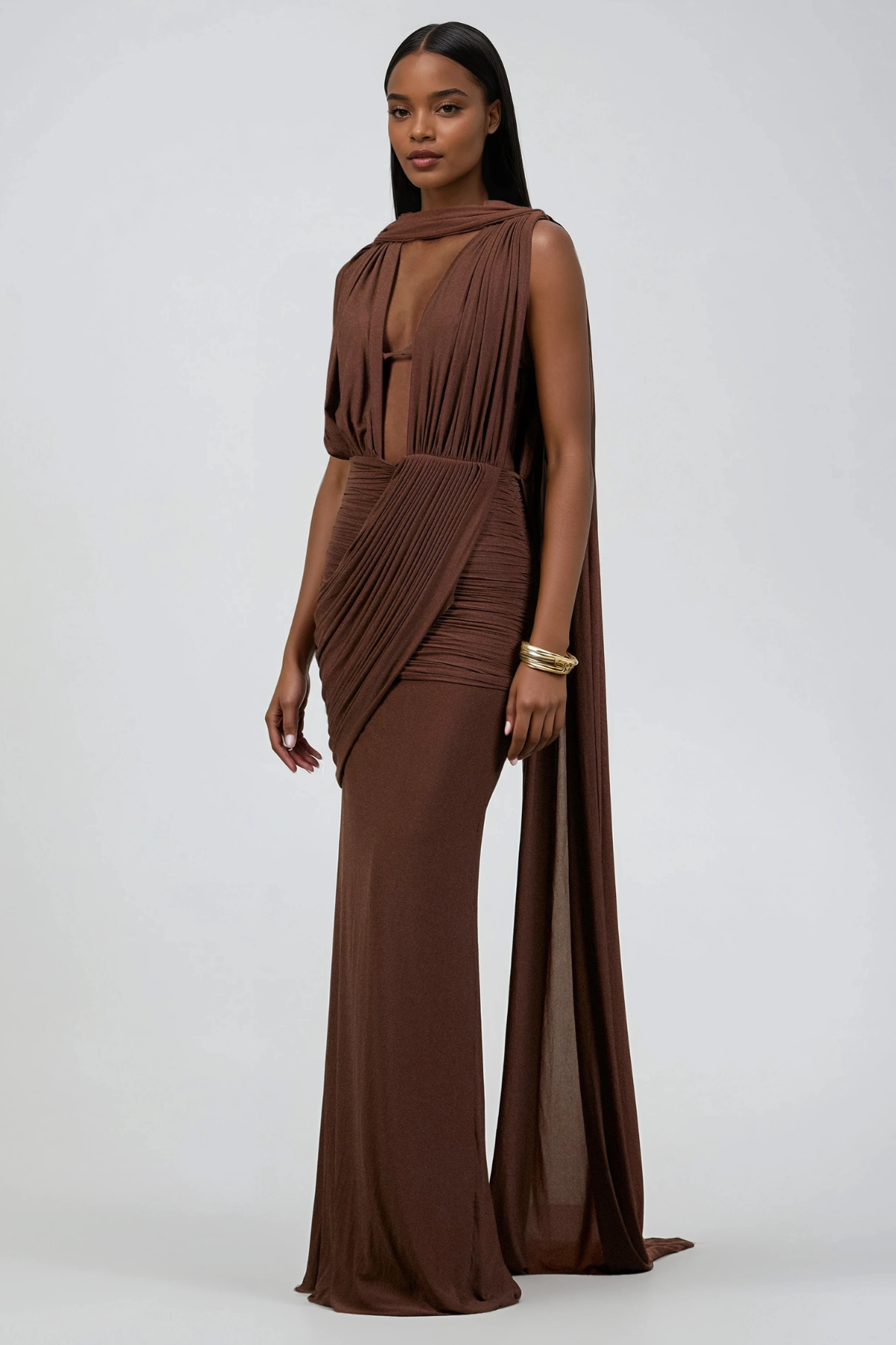 Ceylin Plunge Ruch Scarf Maxi Dress