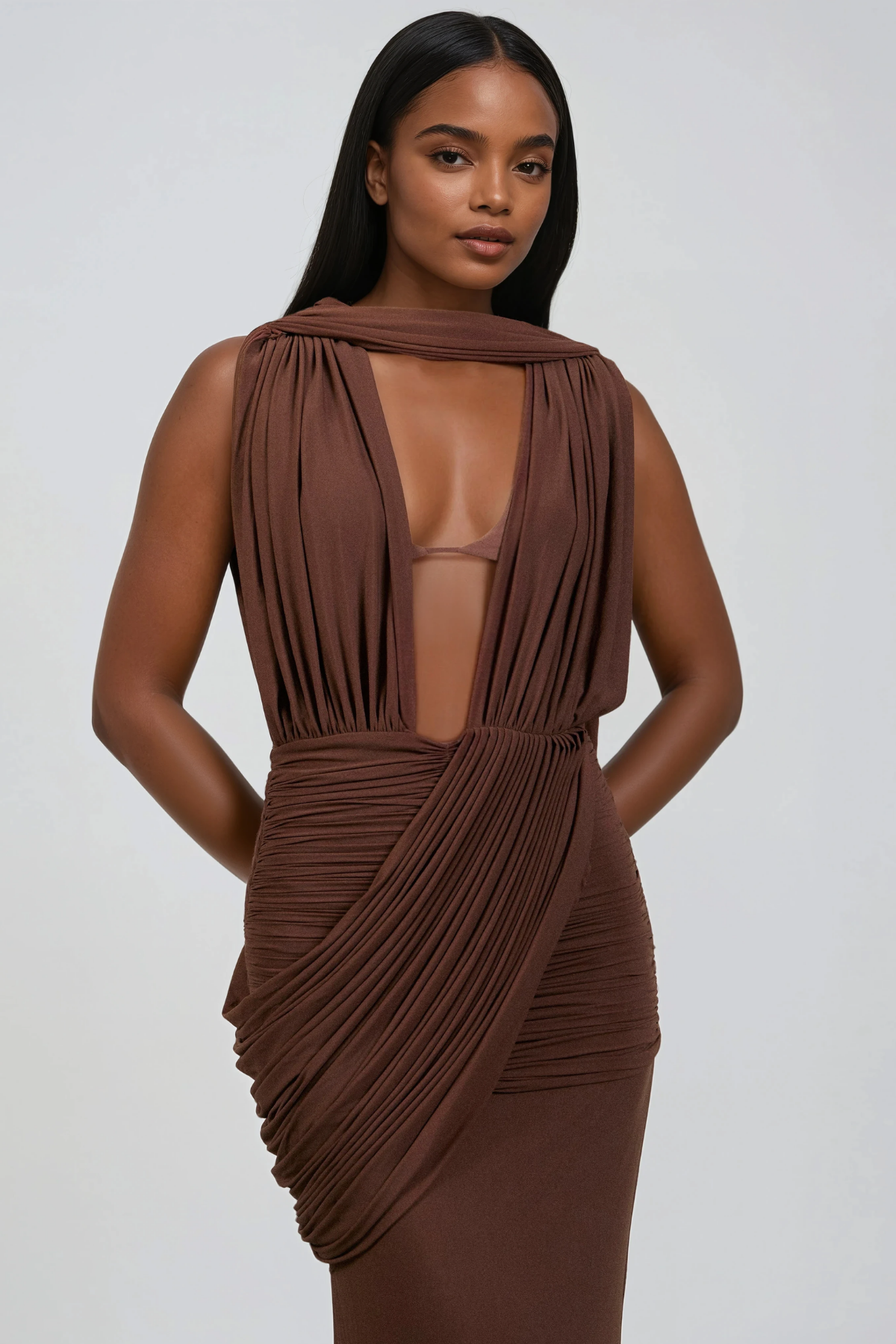 Ceylin Plunge Ruch Scarf Maxi Dress