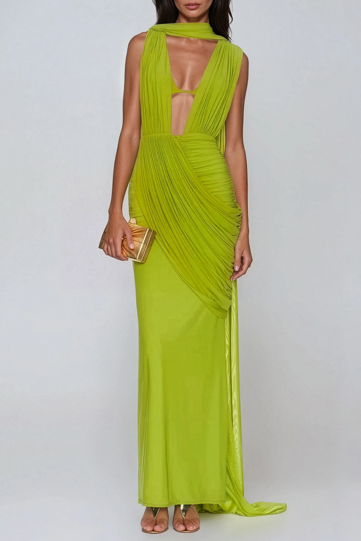 Ceylin Plunge Ruch Scarf Maxi Dress In Chartreuse