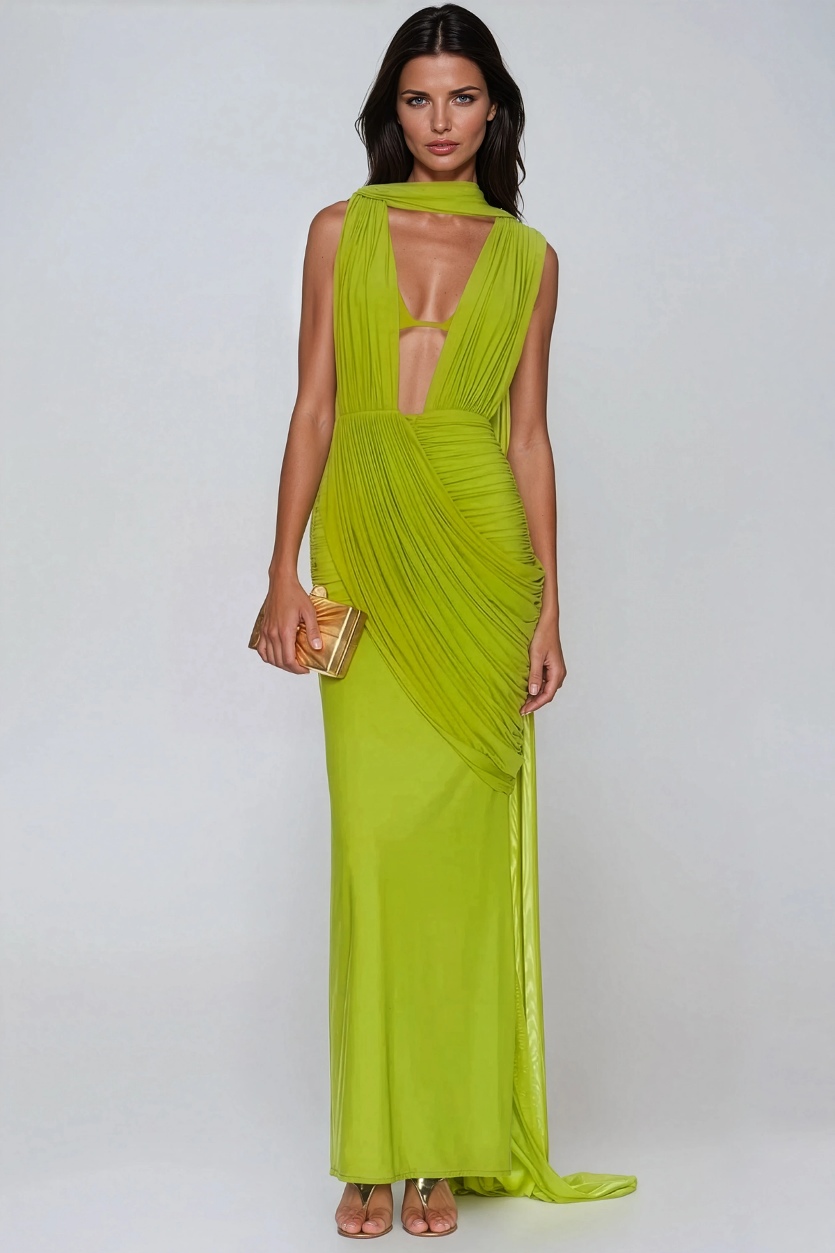 Ceylin Plunge Ruch Scarf Maxi Dress In Chartreuse