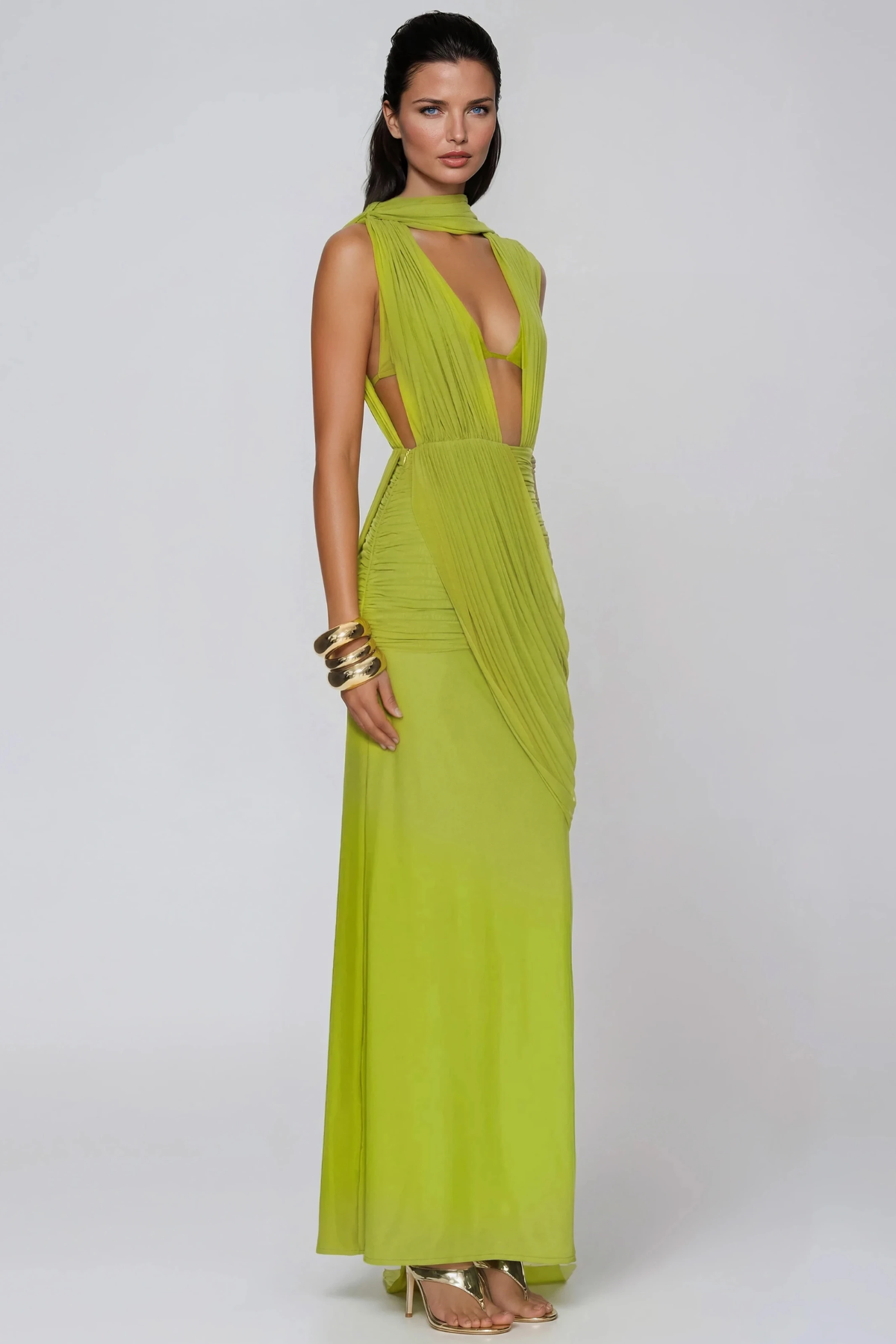 Ceylin Plunge Ruch Scarf Maxi Dress In Chartreuse