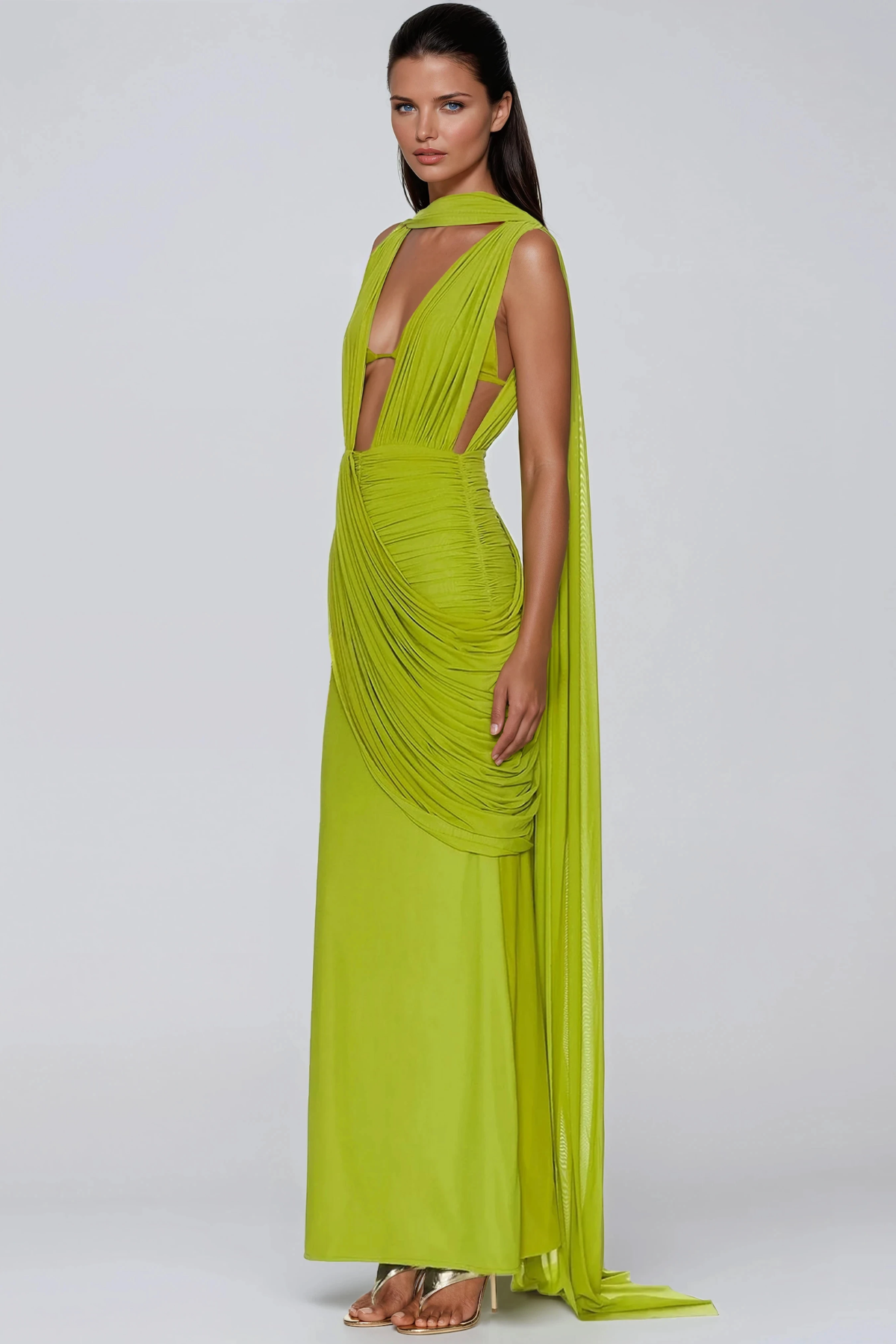 Ceylin Plunge Ruch Scarf Maxi Dress In Chartreuse