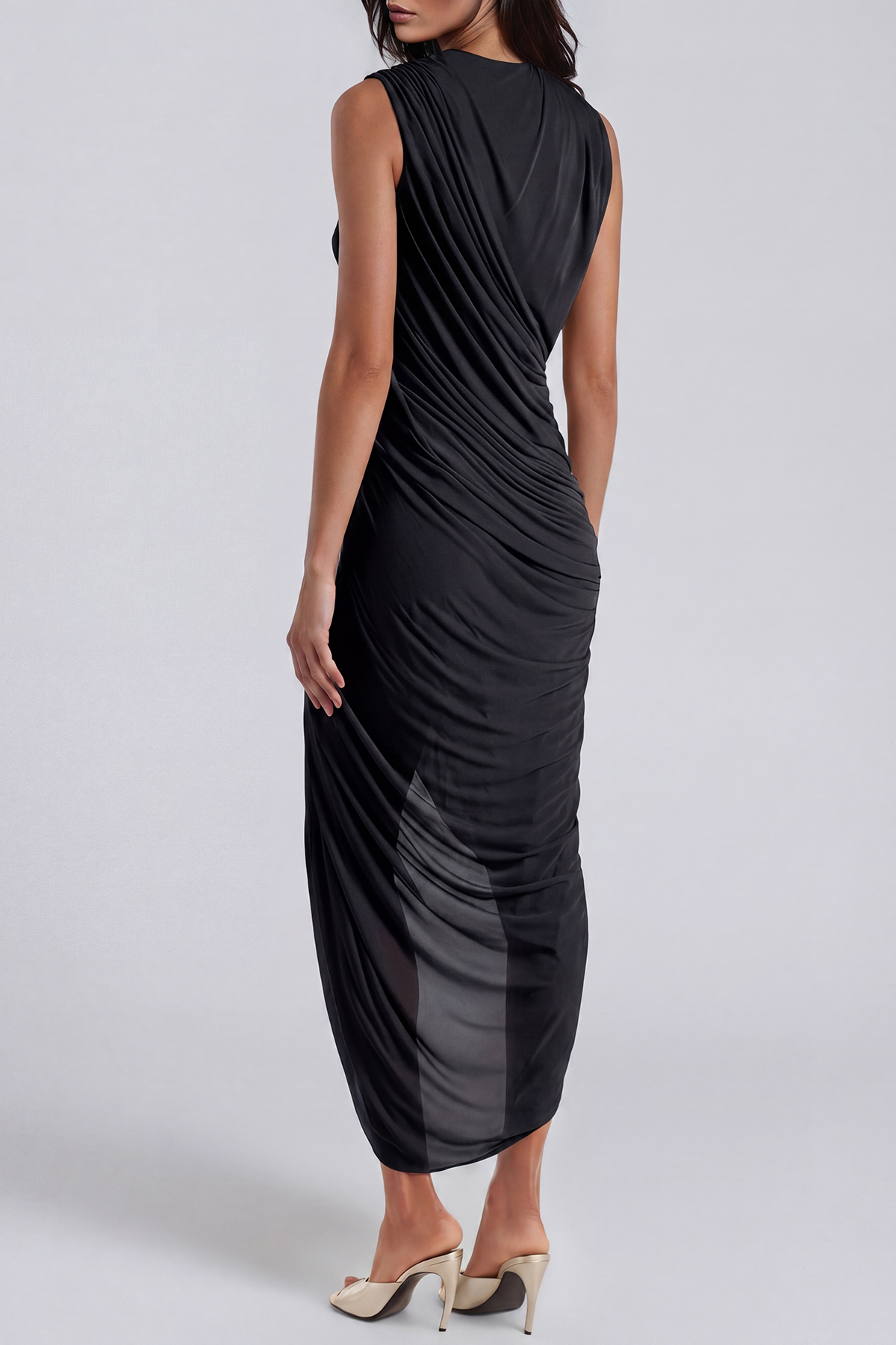 Ceylin Plunge Split Ruch Midi Dress In Black