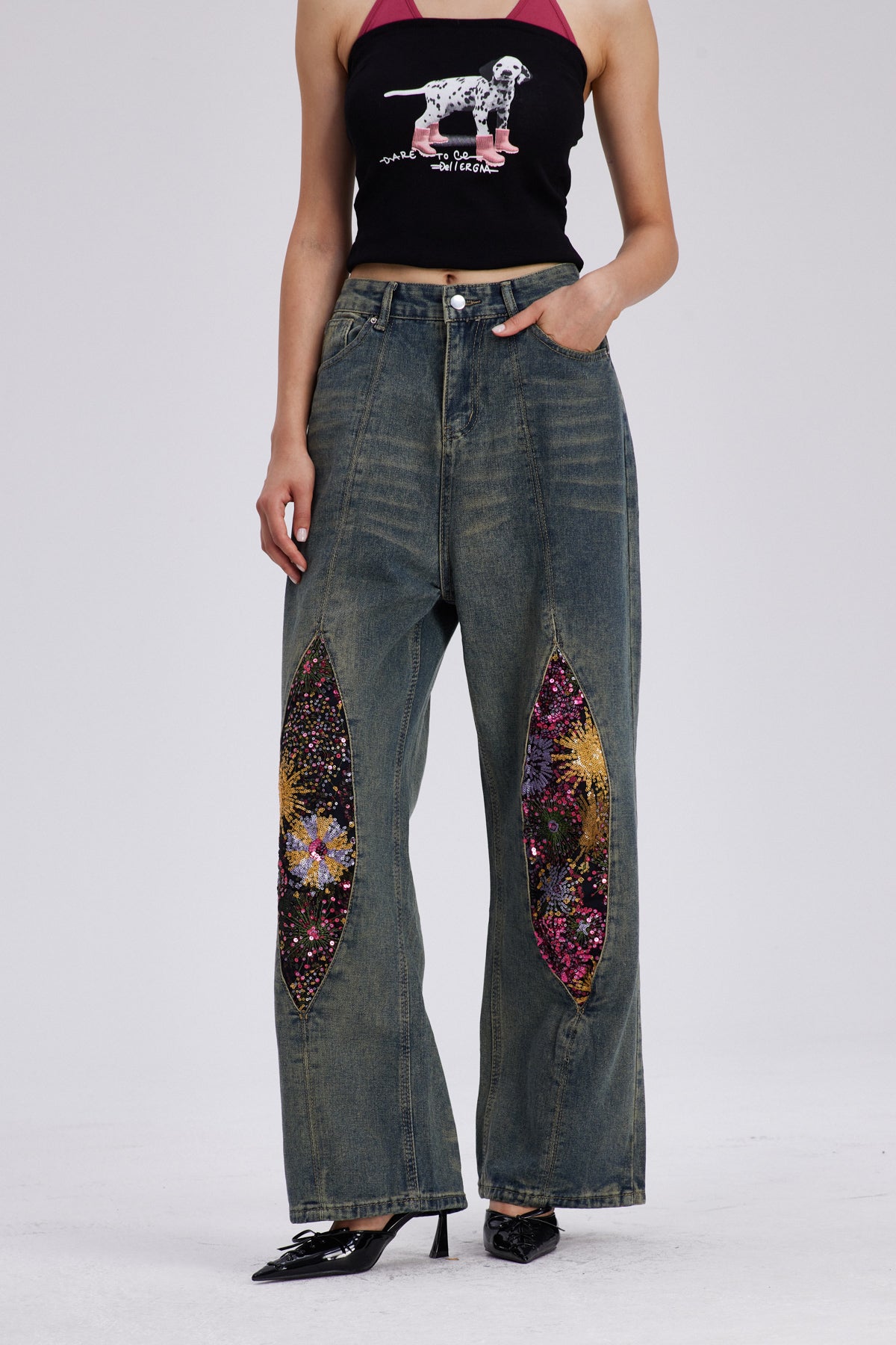 Charla Embroidered Bleached Straight Jeans