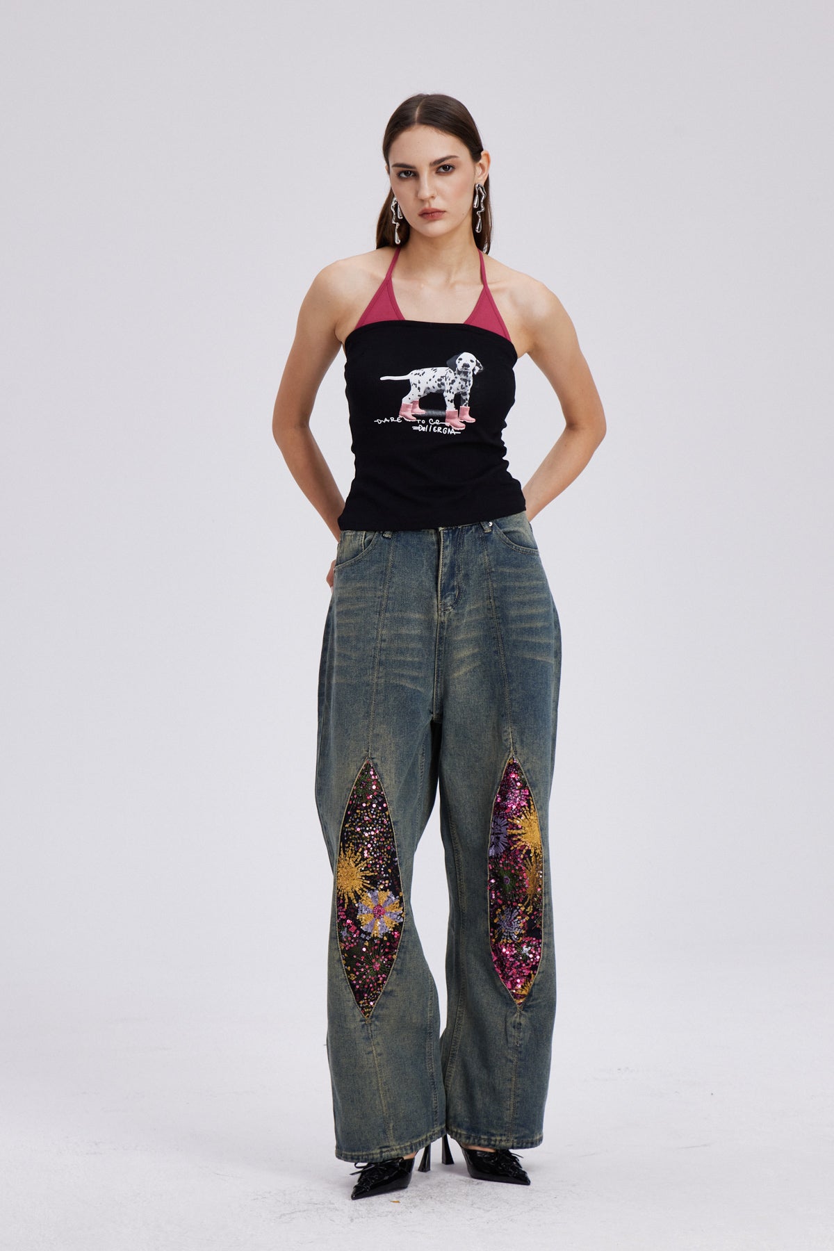 Charla Embroidered Bleached Straight Jeans