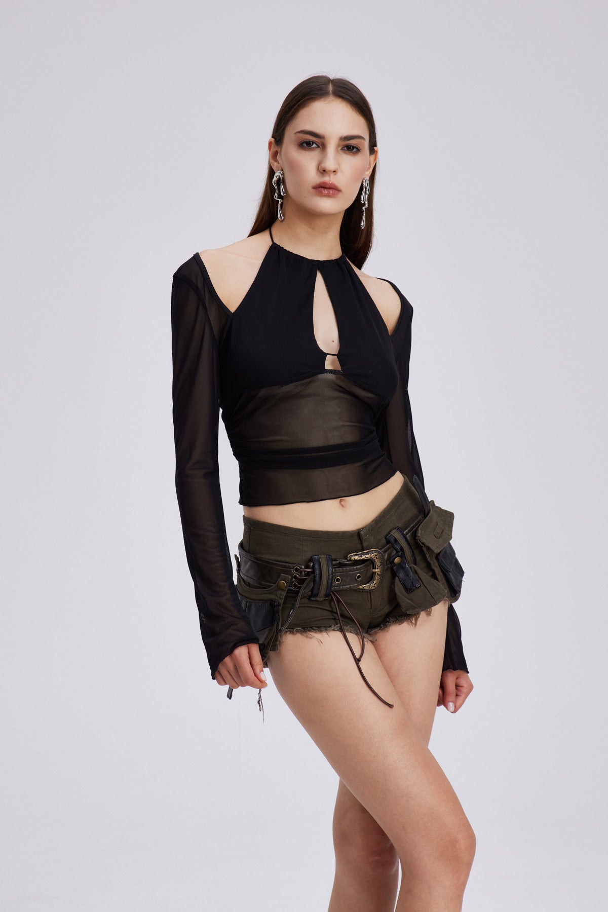 Charmian Mesh Cutout Long Sleeve Top