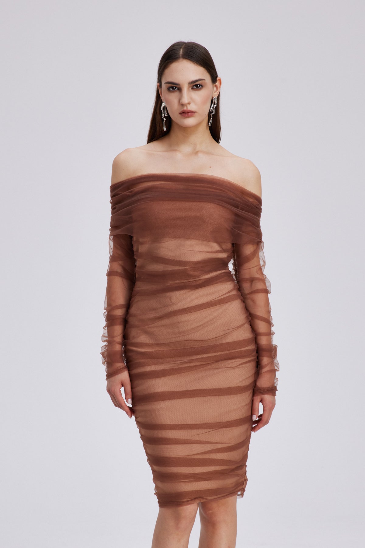 Chaska Mesh Ruch Bandage Midi Dress