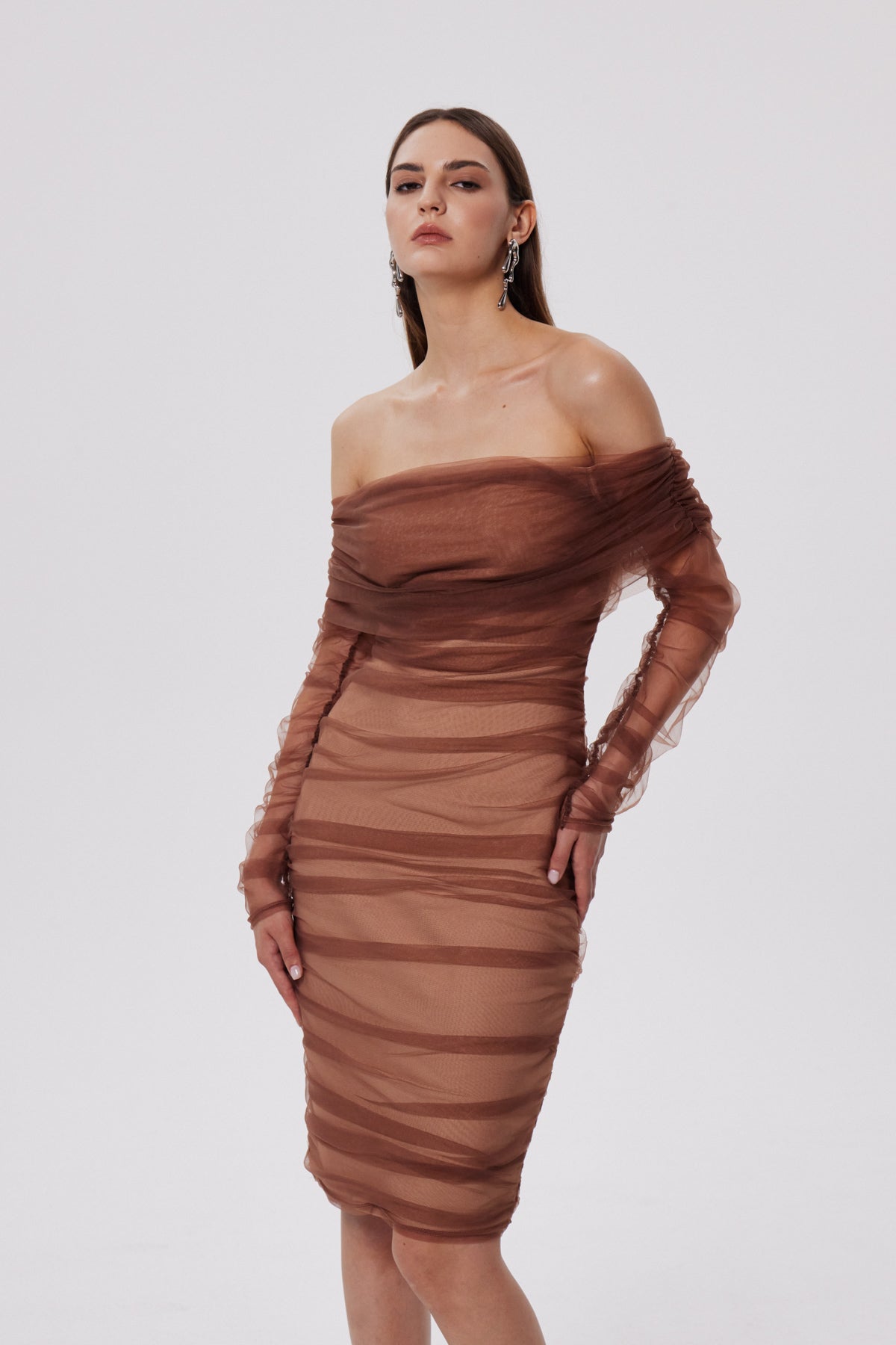 Chaska Mesh Ruch Bandage Midi Dress