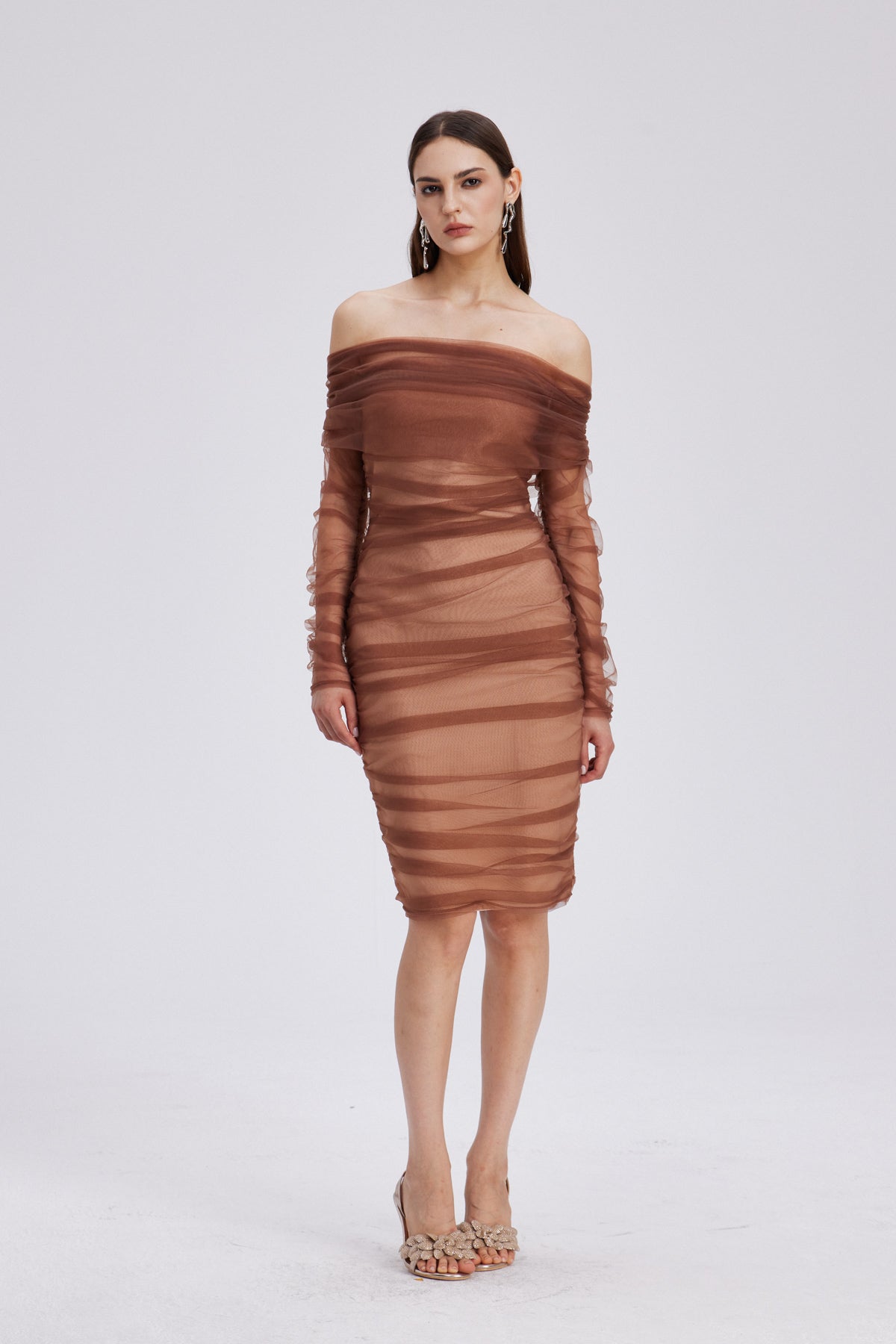 Chaska Mesh Ruch Bandage Midi Dress