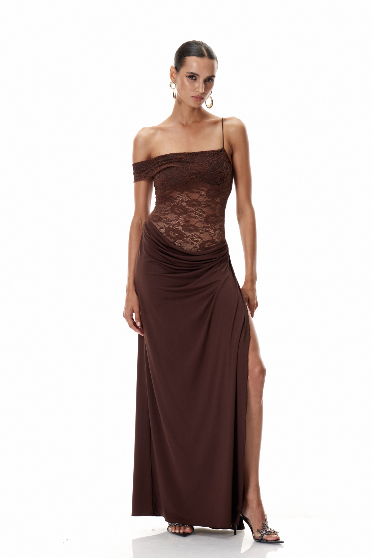 Chenda Lace Asymmetric Maxi Dress