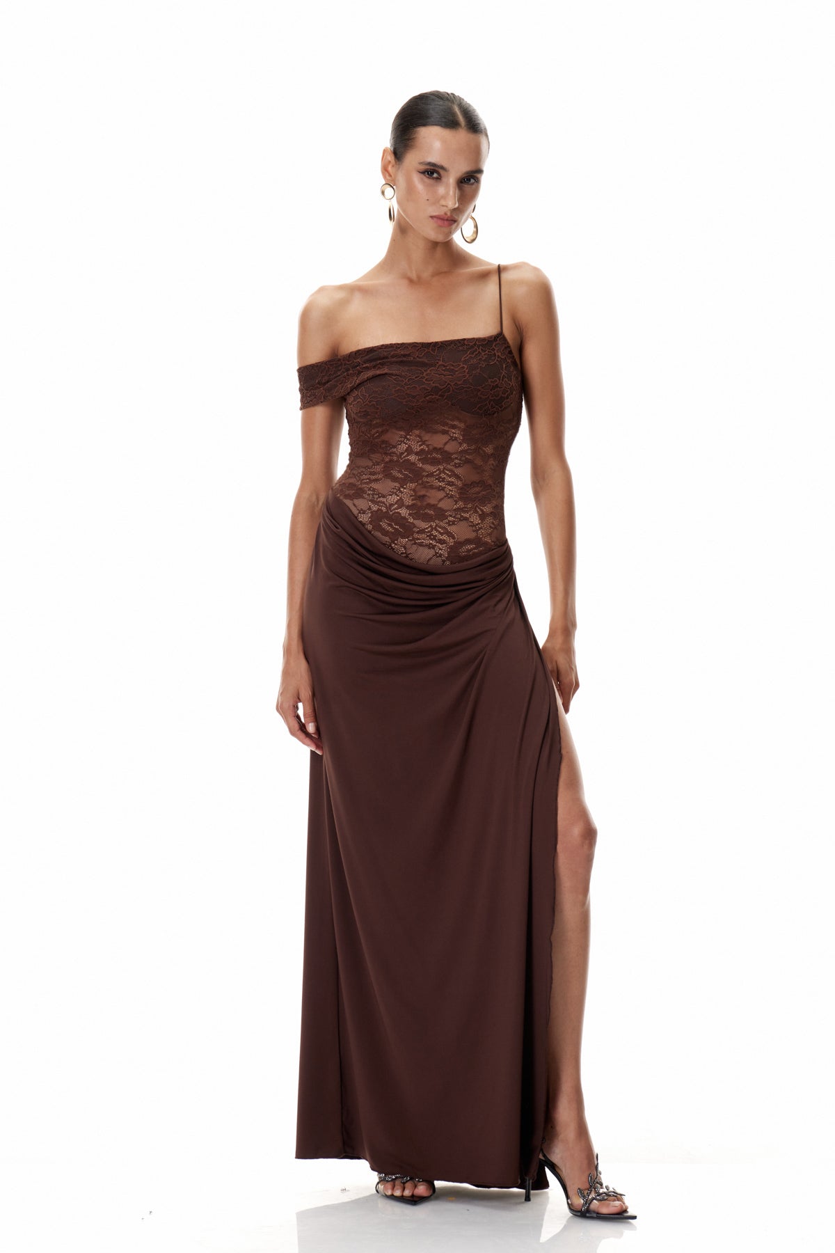 Chenda Lace Asymmetric Maxi Dress