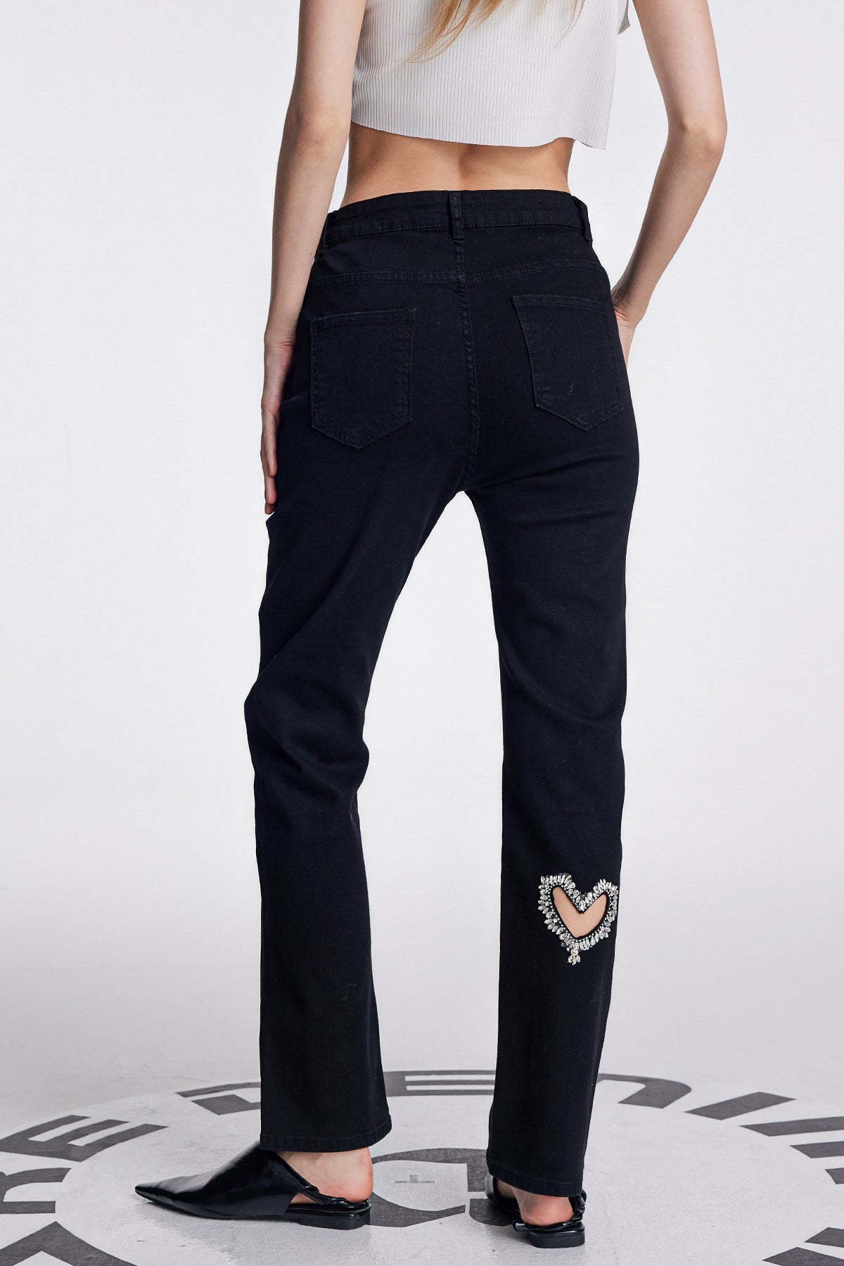 Cher Love Rhinestone Cutout Jeans In Black