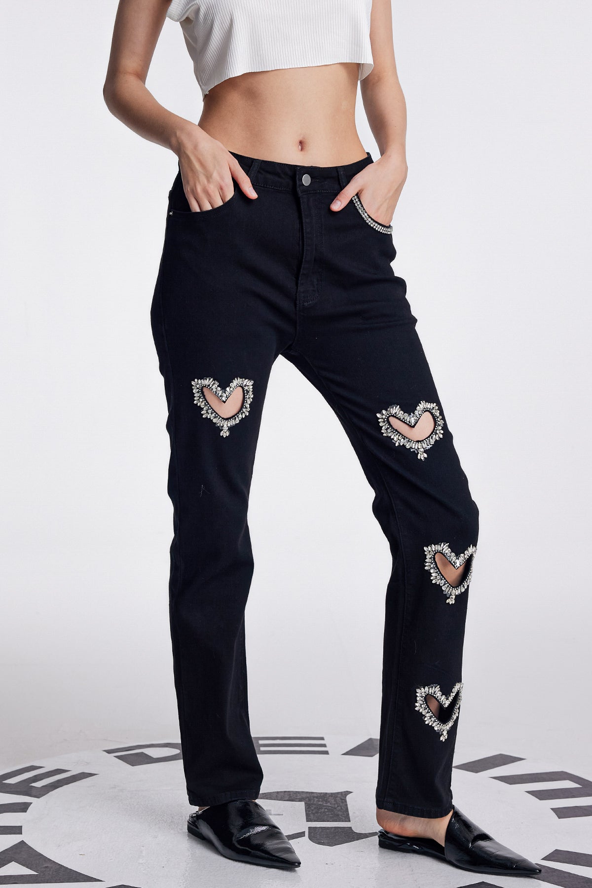 Cher Love Rhinestone Cutout Jeans In Black