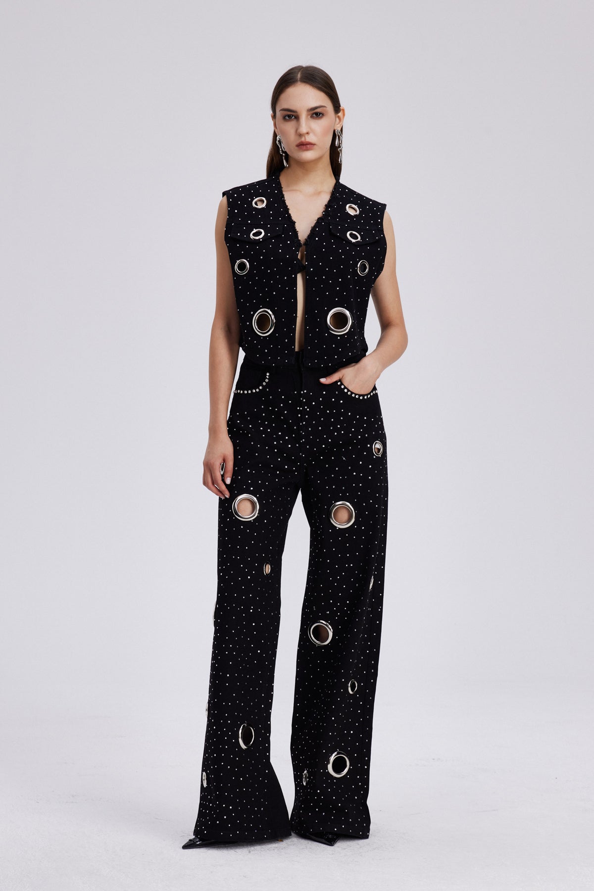 Chet Embellished Cutout Denim Pants Set