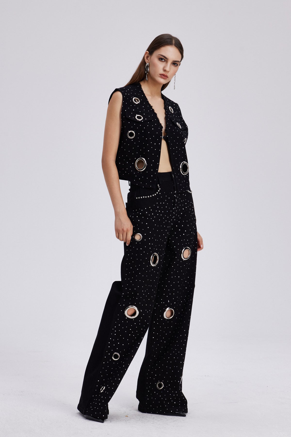 Chet Embellished Cutout Denim Pants Set