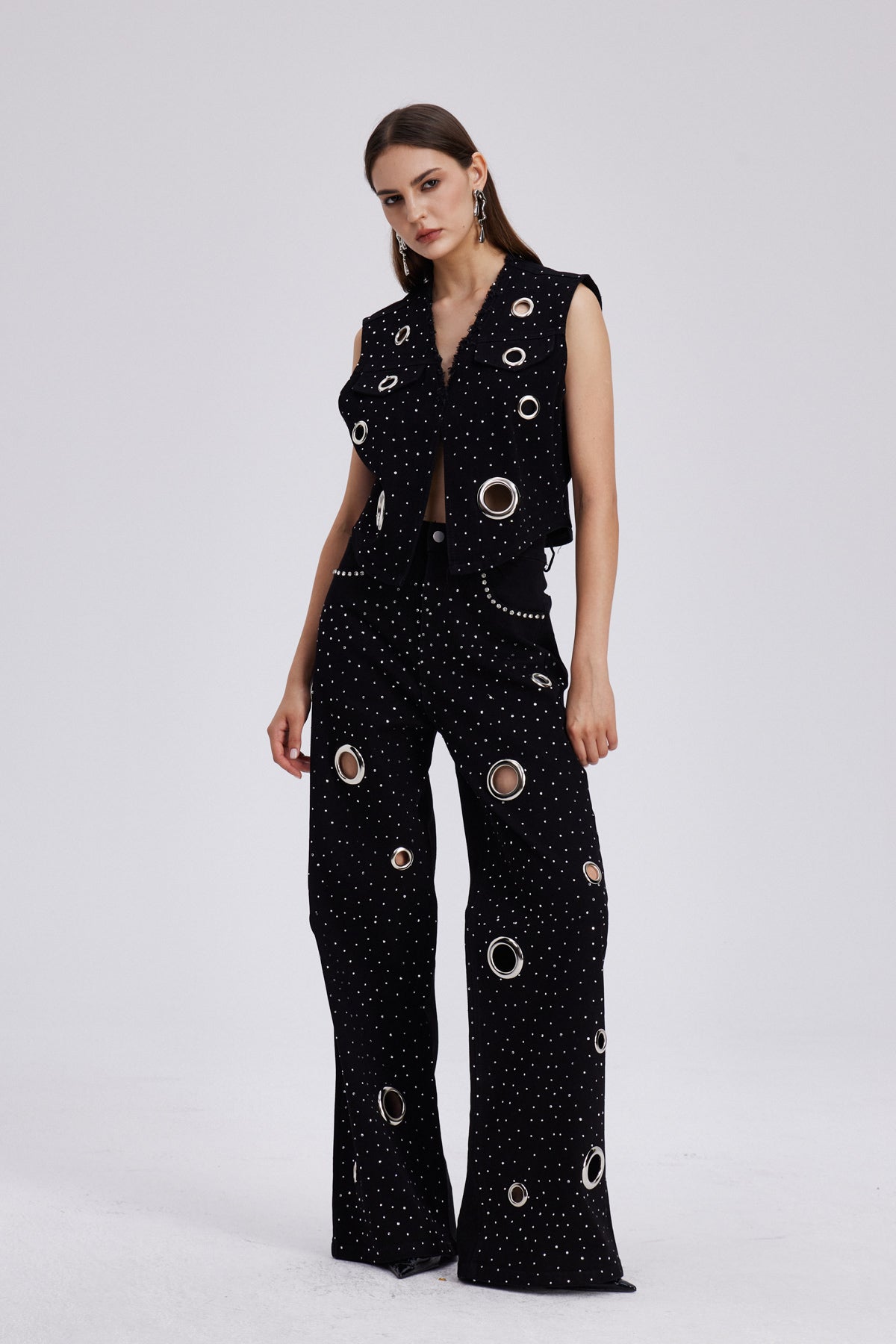 Chet Embellished Cutout Denim Pants Set