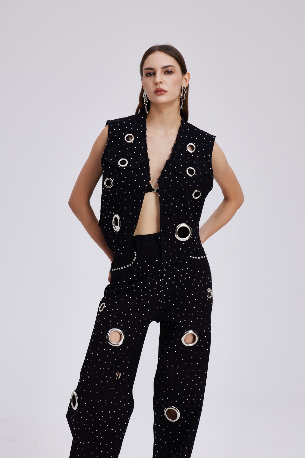 Chet Embellished Cutout Denim Pants Set