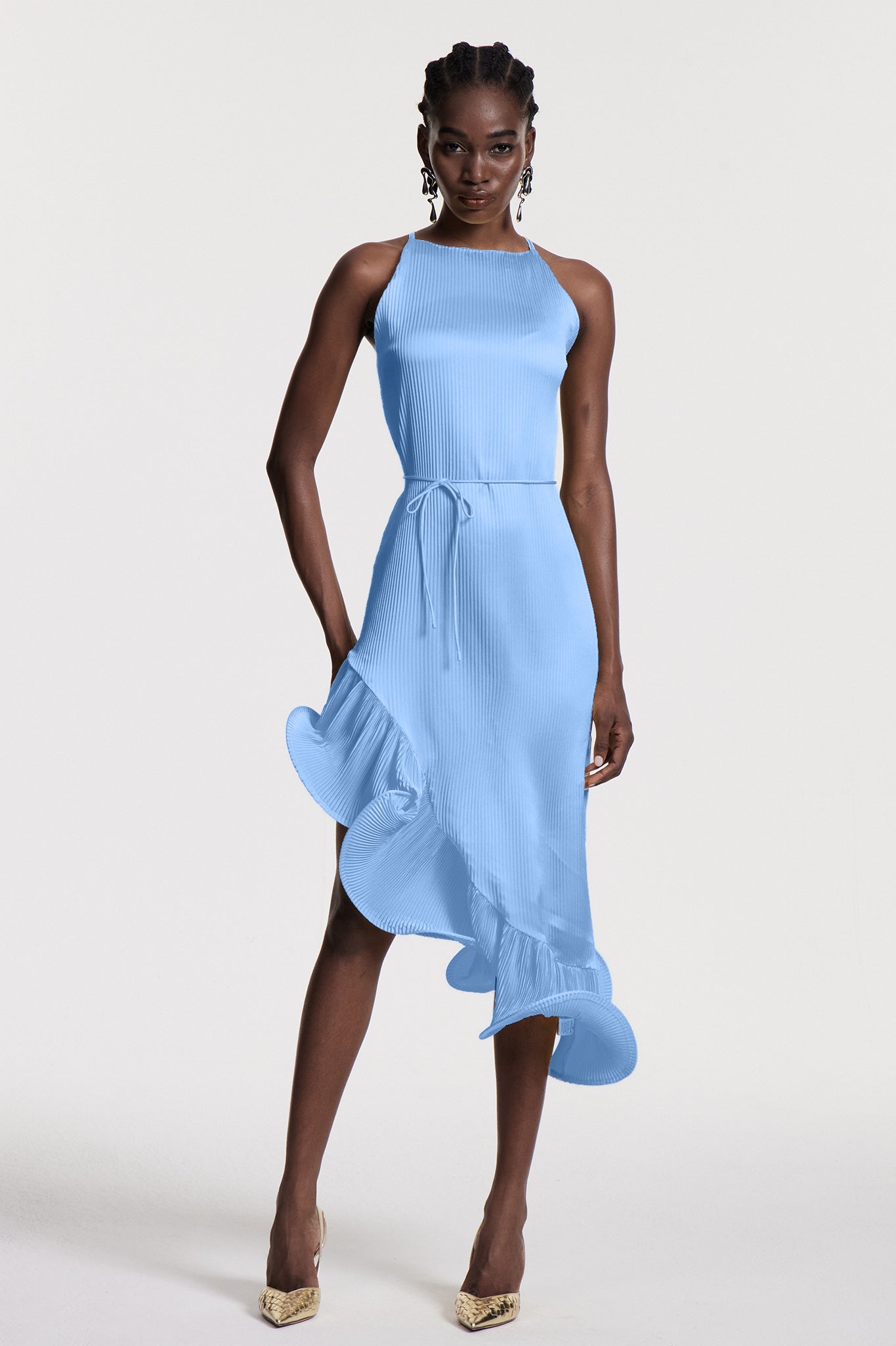Chizuko Ruffle Sleeveless Midi Dress In Blue