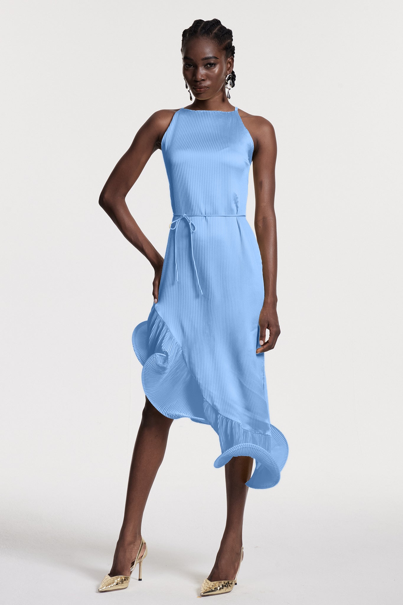 Chizuko Ruffle Sleeveless Midi Dress In Blue