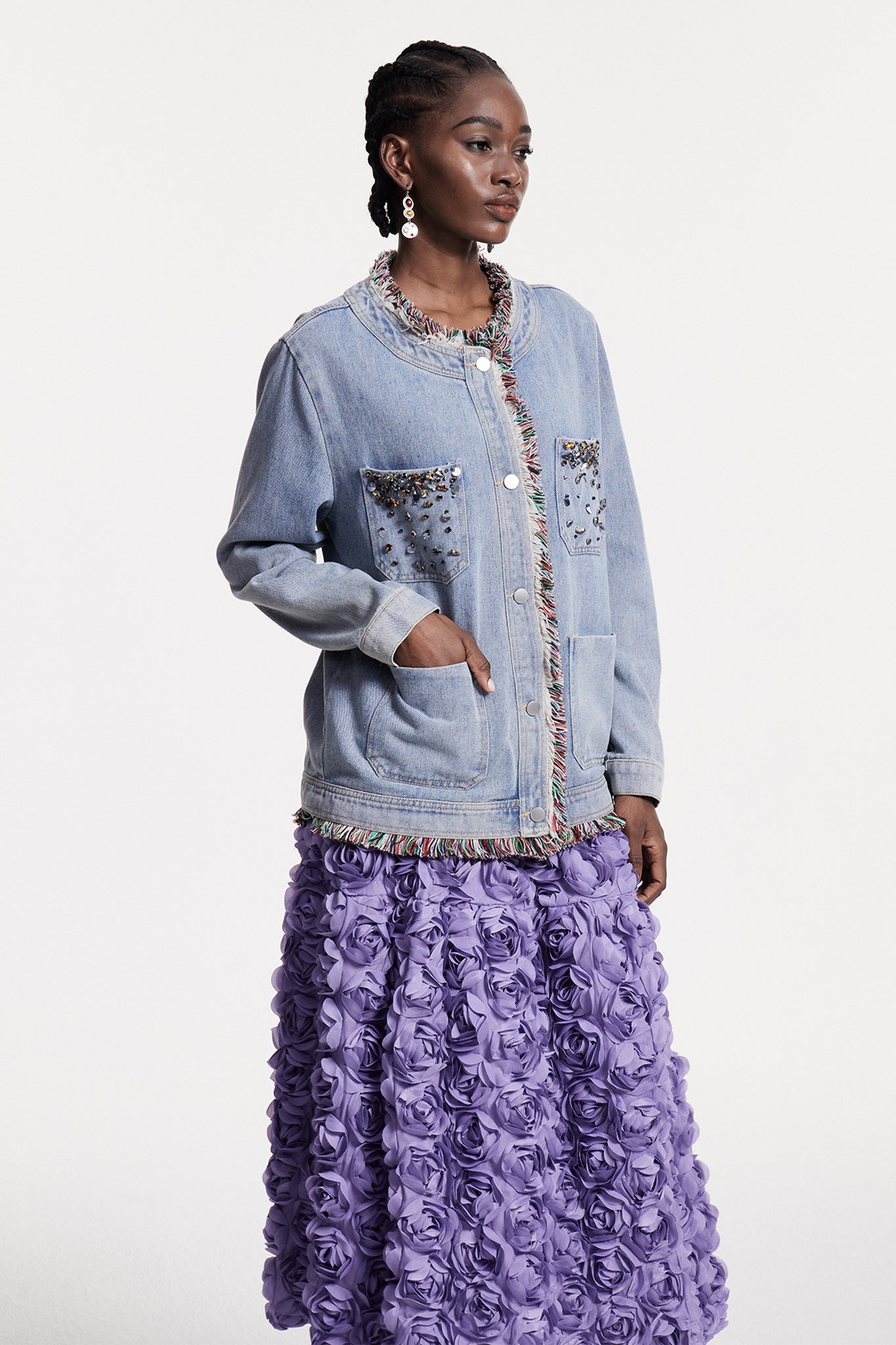 Cho Rhinestone Fringe Denim Jacket