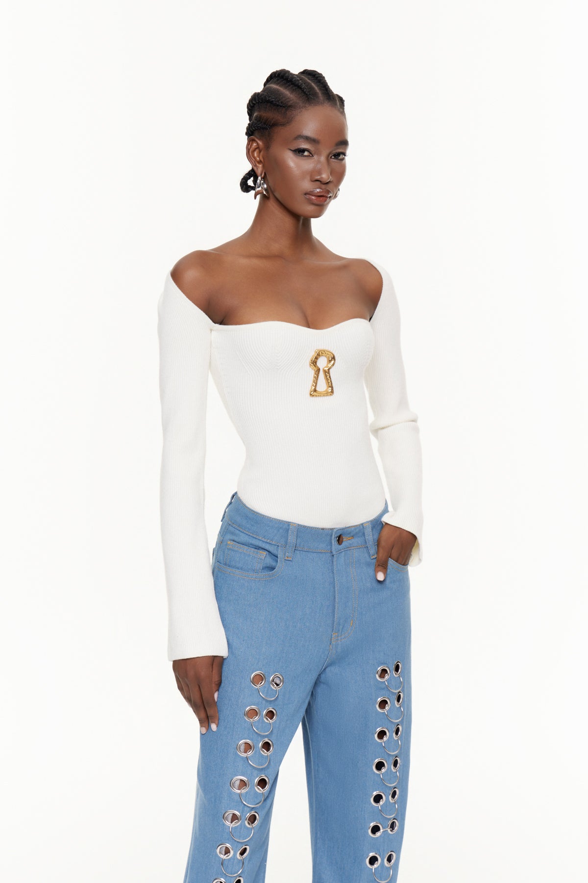 Cindi Long Sleeve Bodycon Knit Top In White